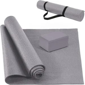 All Purpose 1/4-Inch High Density Anti-Tear Exercise Yoga Mat with Carrying Strap and Yoga Blocks, Gray