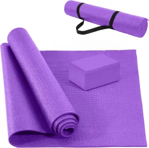All Purpose 1/4-Inch High Density Anti-Tear Exercise Yoga Mat with Carrying Strap and Yoga Blocks, Purple