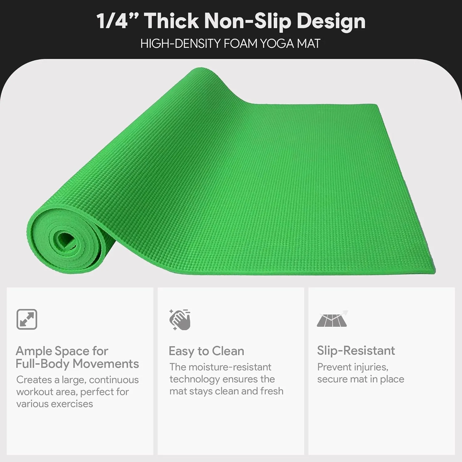 All Purpose 1/4-Inch High Density Anti-Tear Exercise Yoga Mat with Carrying Strap, Multiple Colors
