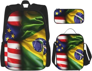 American And Brazilian Flags Print Versatile Adjustable Shoulder Fashion Backpack Lunch Bag Pencil Case Large Capacity