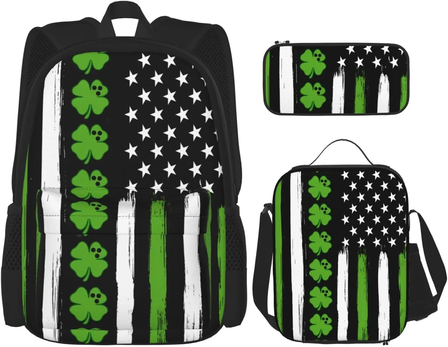 American Flag St Patrick's Day Vintage Bowling Irish Multifunctional Pocket Backpack Crossbody Lunch Bag Pencil Case 3Pcs Set Large Capacity Backpack
