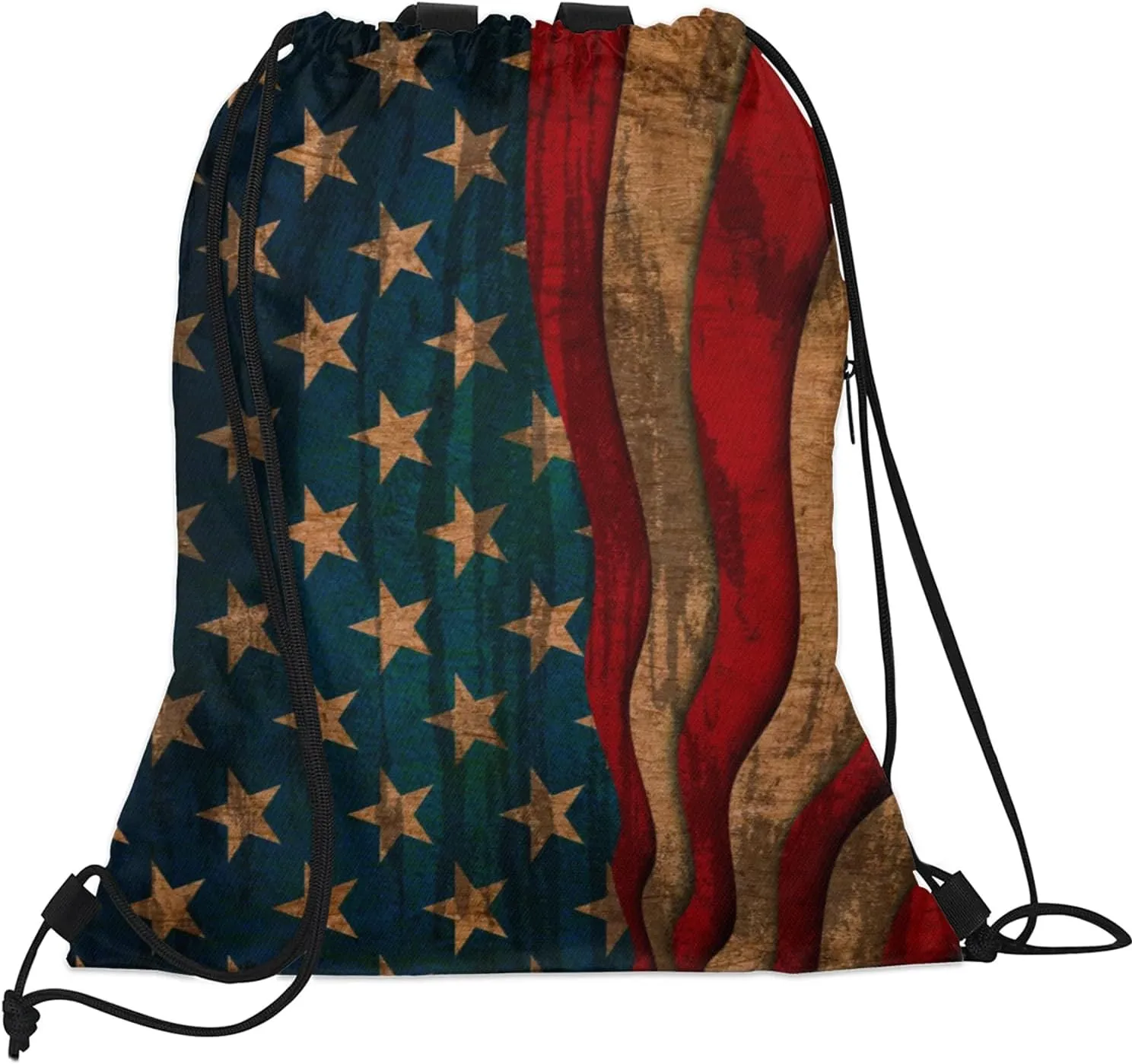American USA Flag Vintage Drawstring Backpack String Bag, Waterproof Sports Gym Swim Sackpack with Mesh Pocket for Men Women