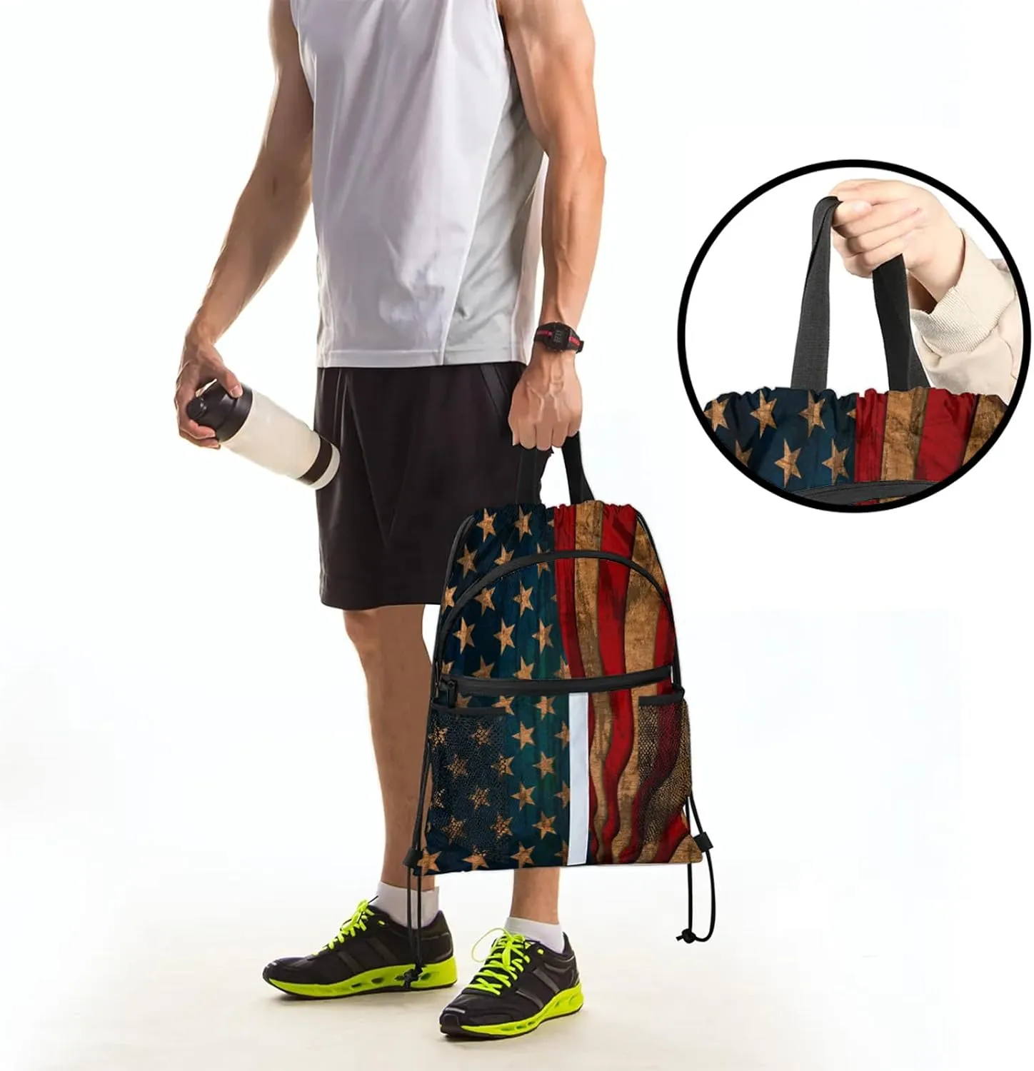 American USA Flag Vintage Drawstring Backpack String Bag, Waterproof Sports Gym Swim Sackpack with Mesh Pocket for Men Women