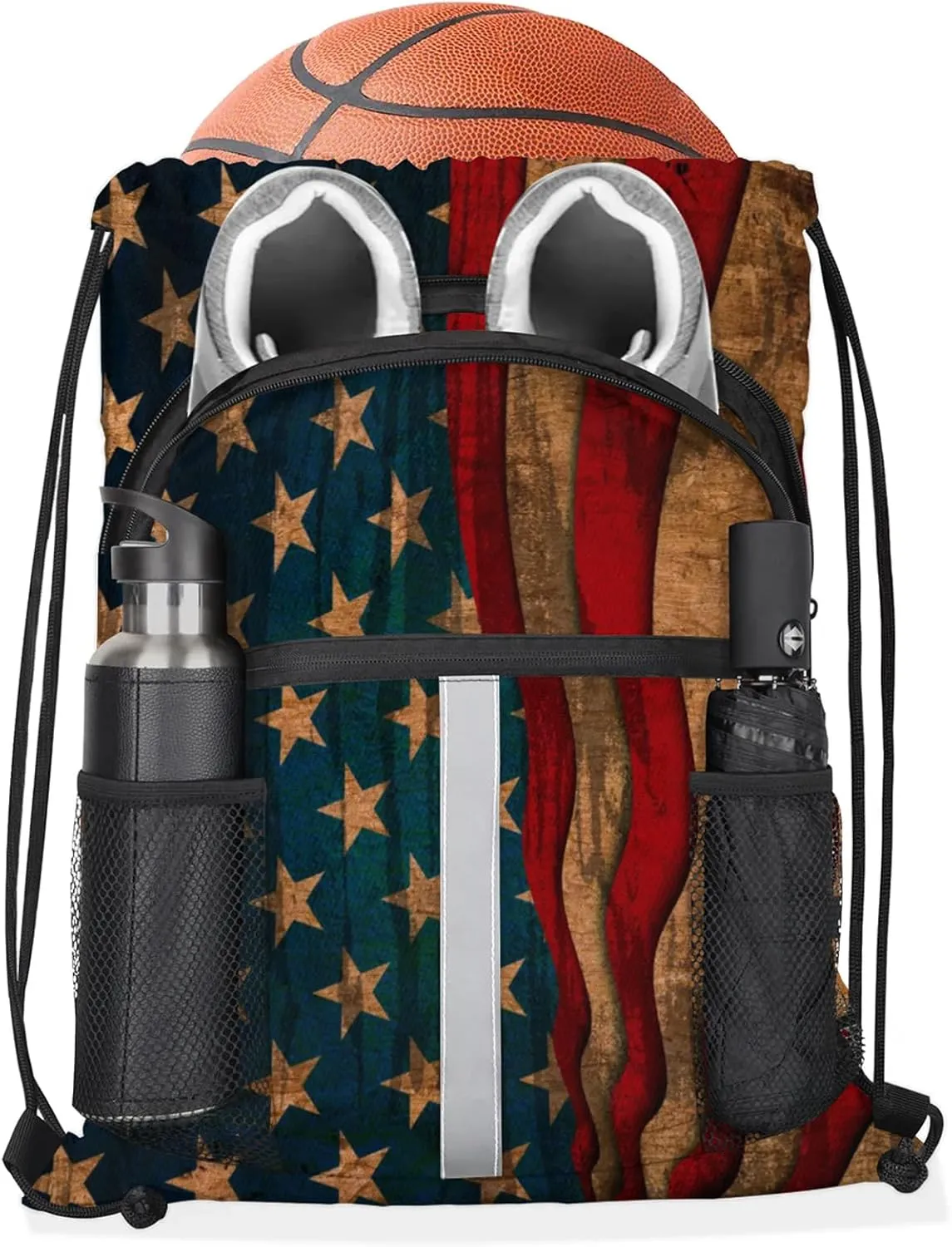 American USA Flag Vintage Drawstring Backpack String Bag, Waterproof Sports Gym Swim Sackpack with Mesh Pocket for Men Women