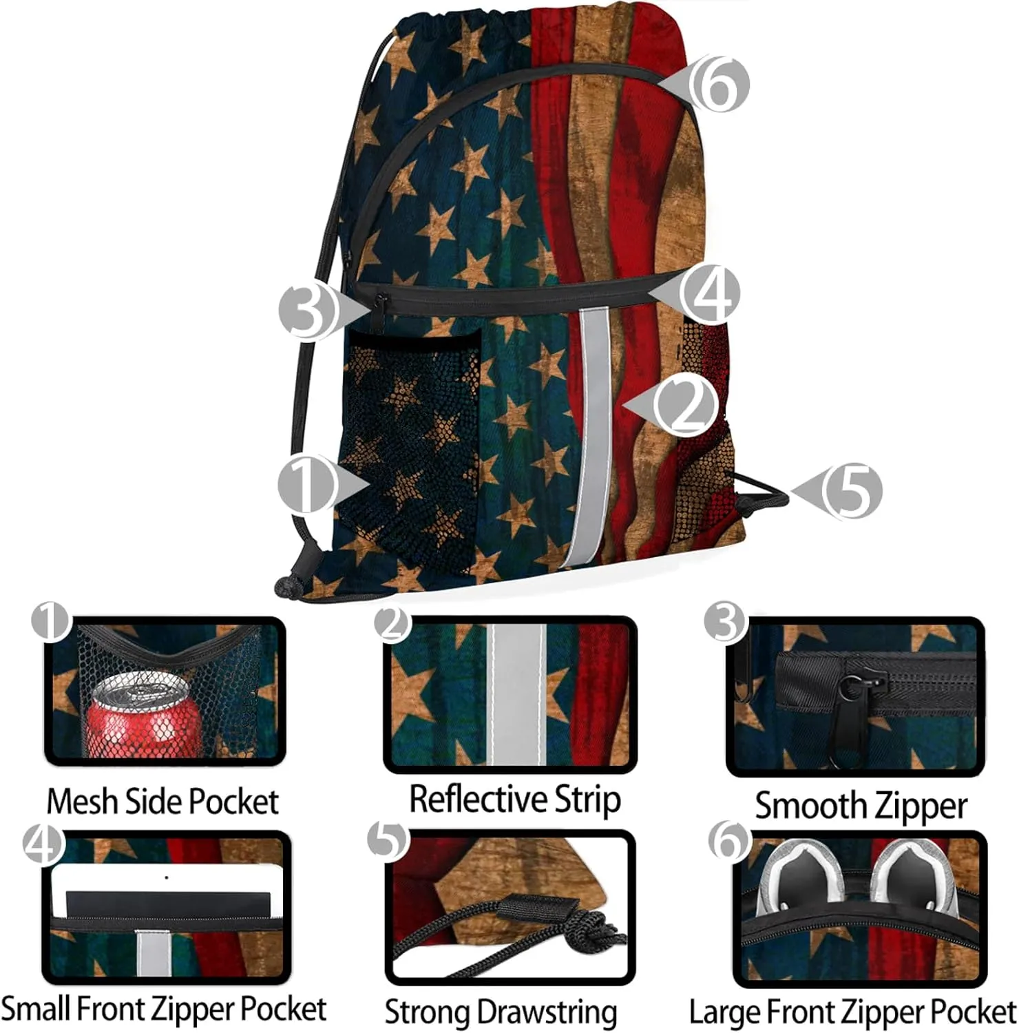 American USA Flag Vintage Drawstring Backpack String Bag, Waterproof Sports Gym Swim Sackpack with Mesh Pocket for Men Women
