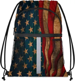 American USA Flag Vintage Drawstring Backpack String Bag, Waterproof Sports Gym Swim Sackpack with Mesh Pocket for Men Women