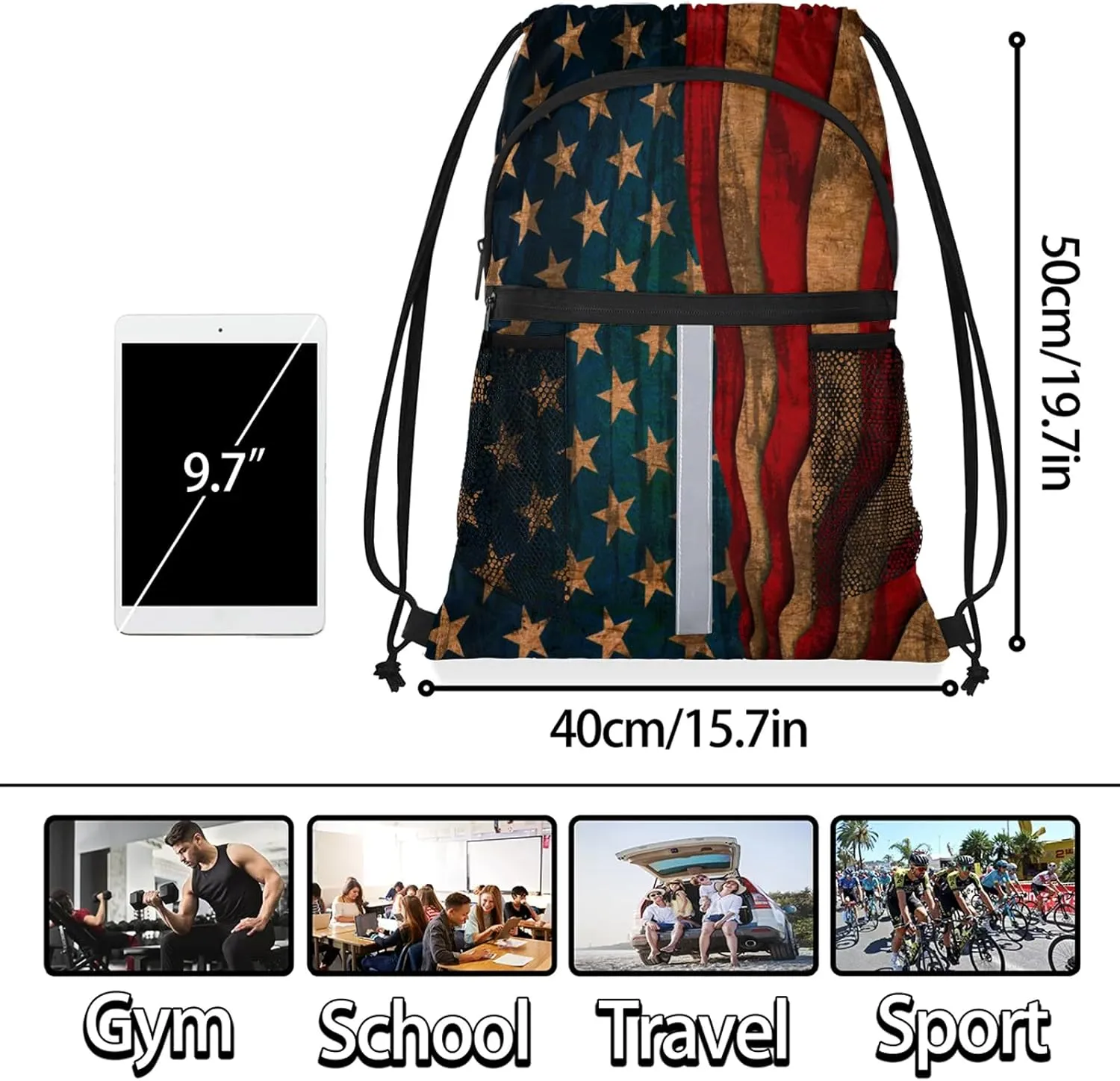 American USA Flag Vintage Drawstring Backpack String Bag, Waterproof Sports Gym Swim Sackpack with Mesh Pocket for Men Women