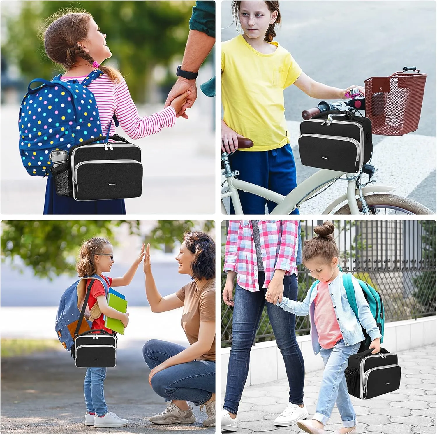 Amersun Boys Girls Lunch Bag, Black with Shoulder Strap, Polyester, Sponge, 10.2"L x 8.2"H x 0.43"W