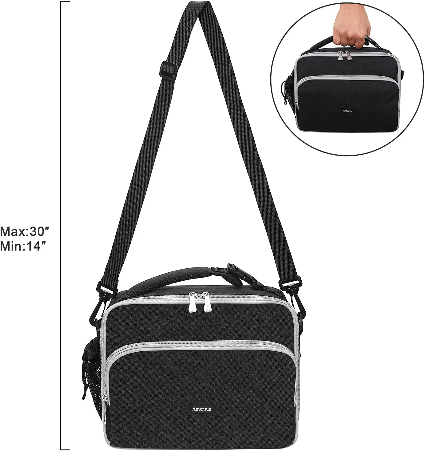 Amersun Boys Girls Lunch Bag, Black with Shoulder Strap, Polyester, Sponge, 10.2"L x 8.2"H x 0.43"W