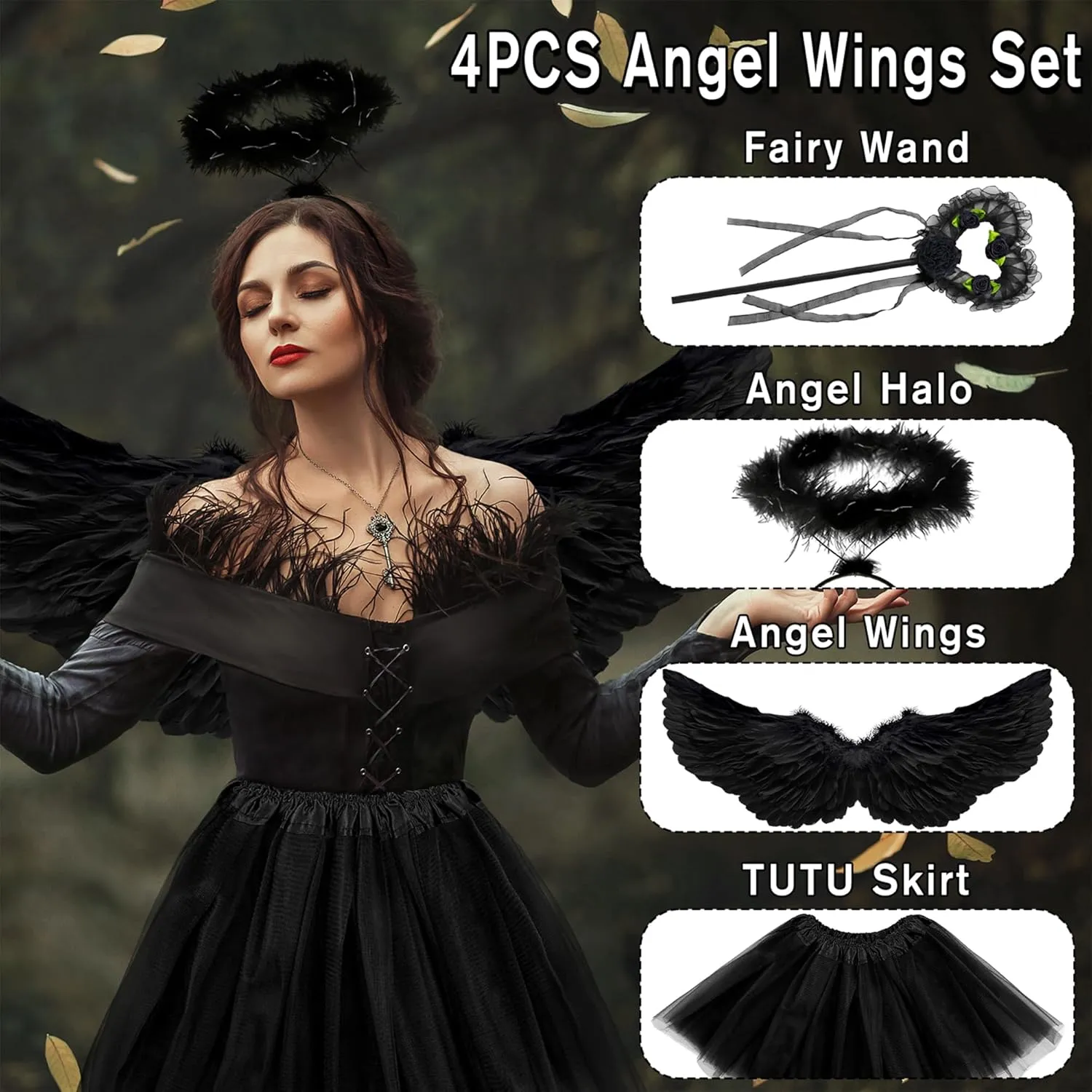 Angel Wings and Halo Wand Costume Accessories with Tulle Tutu Skirt for Women Girls Cosplay