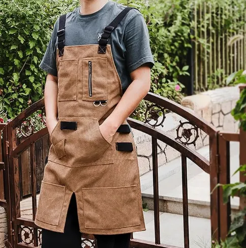 Anyhouz Gardening Apron Brown Denim Canvas Outdoor Work Home Gardener Carpentry Carving Barbecue Men and Women Work Clothes