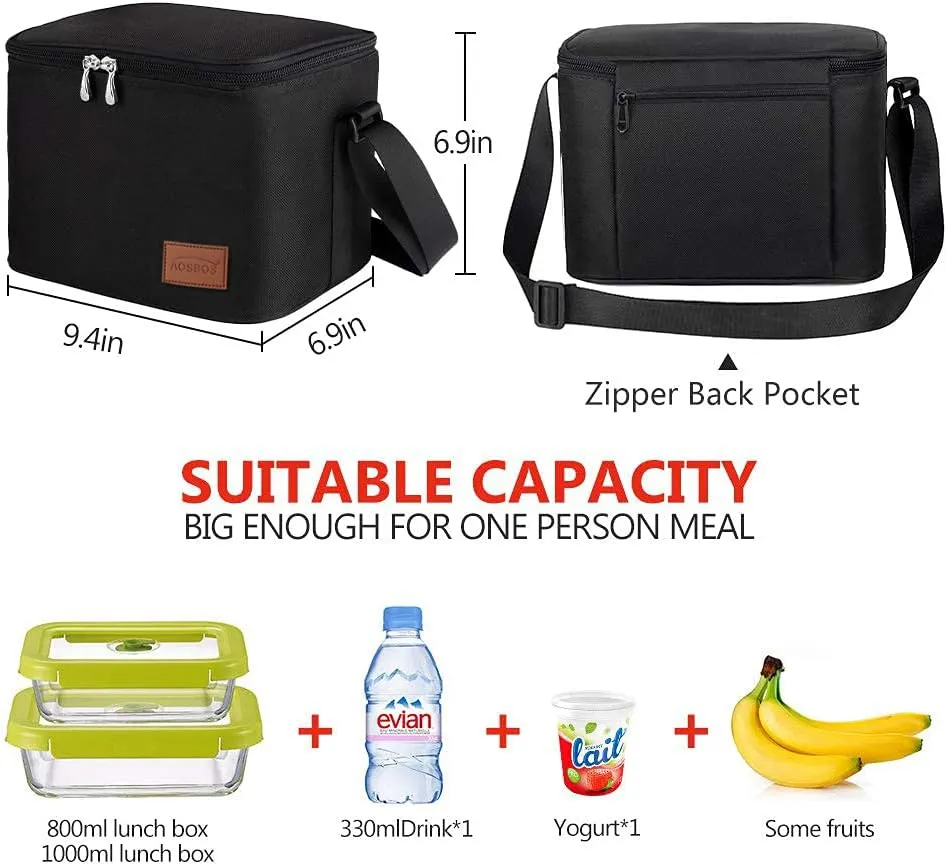 Aosbos Insulated Lunch Box for Men Women Leakproof Cooler Bag Reusable Lunch Tote Bag Adult Lunch Pail Thermal Lunch Boxes Bento Lunch Box Bag 7.5L Black