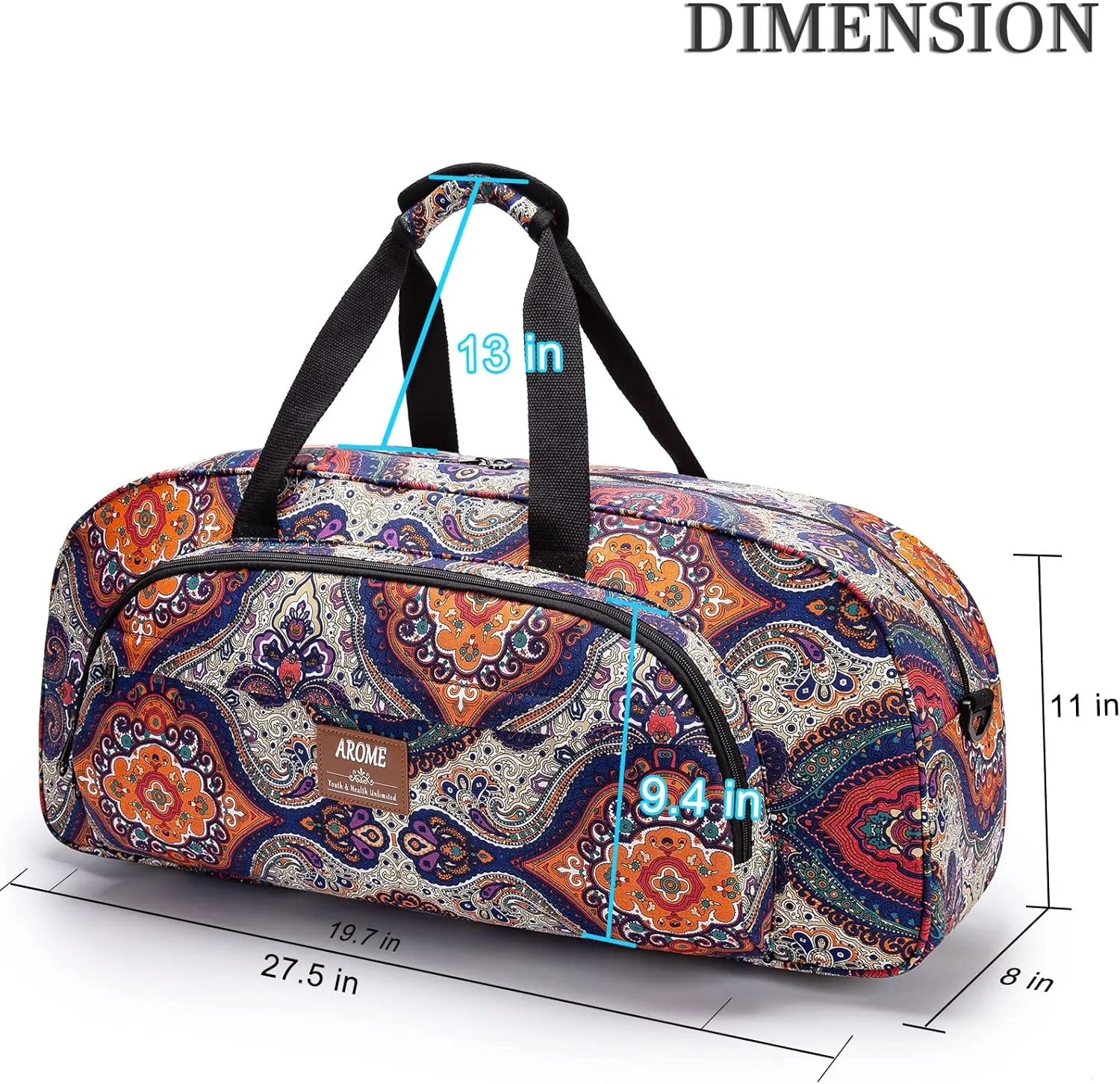 AROME Yoga Mat Bag for Women Men, Large Canvas Yoga Bag for 1/4" 1/3" 2/5" 1/2" Extra Thick Exercise Yoga Mat Gym Tote Sports Duffle Bag Carrying Bags with Wet Pocket & Shoulder Strap & Mat Strap