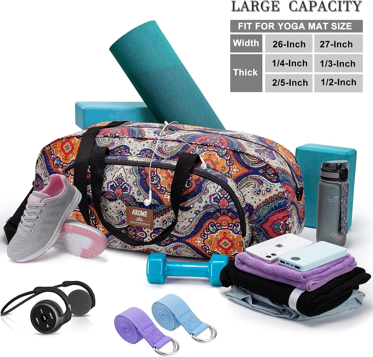 AROME Yoga Mat Bag for Women Men, Large Canvas Yoga Bag for 1/4" 1/3" 2/5" 1/2" Extra Thick Exercise Yoga Mat Gym Tote Sports Duffle Bag Carrying Bags with Wet Pocket & Shoulder Strap & Mat Strap