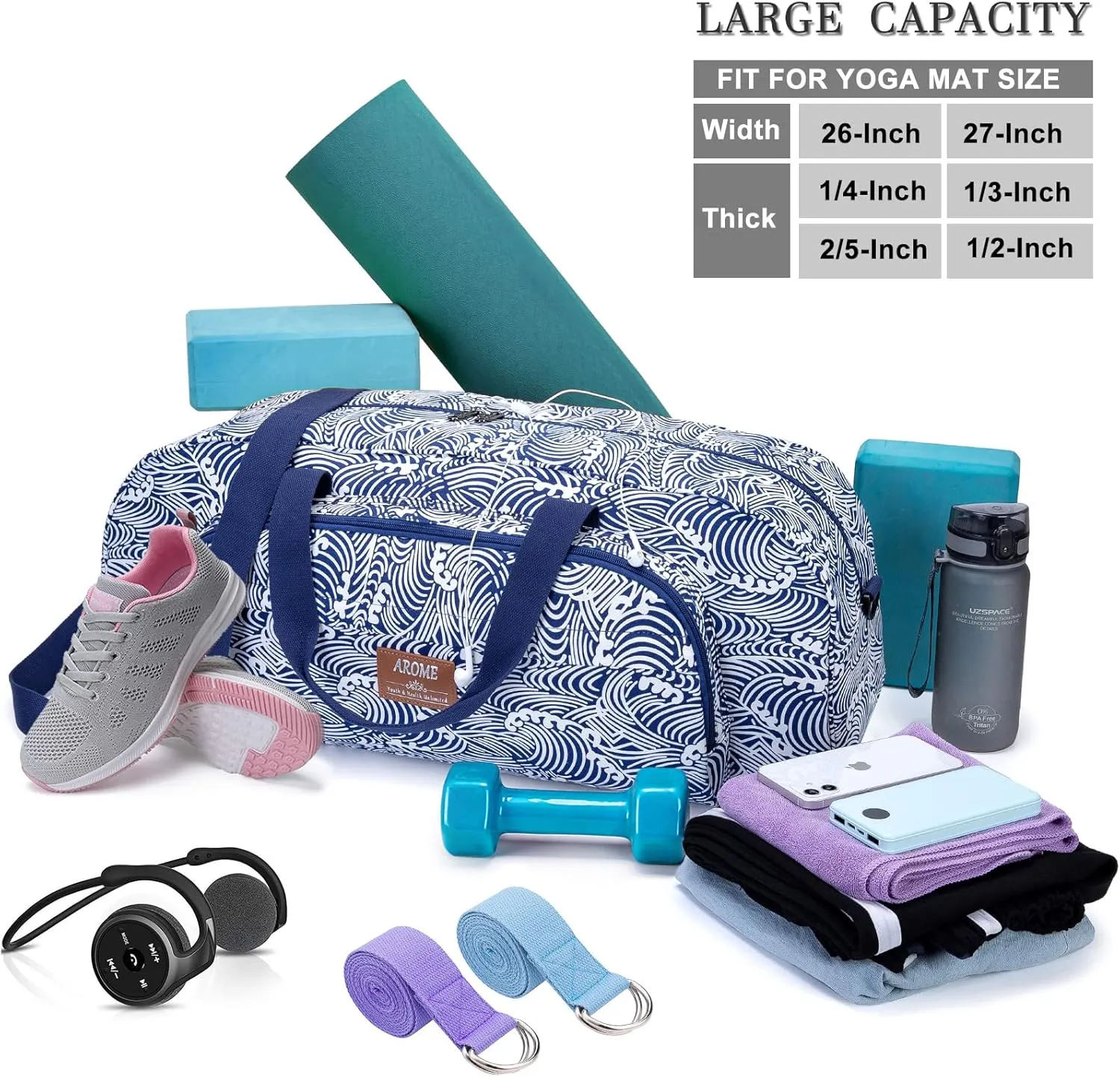 AROME Yoga Mat Bag for Women Men, Large Canvas Yoga Bag for 1/4" 1/3" 2/5" 1/2" Extra Thick Exercise Yoga Mat Gym Tote Sports Duffle Bag Carrying Bags with Wet Pocket & Shoulder Strap & Mat Strap