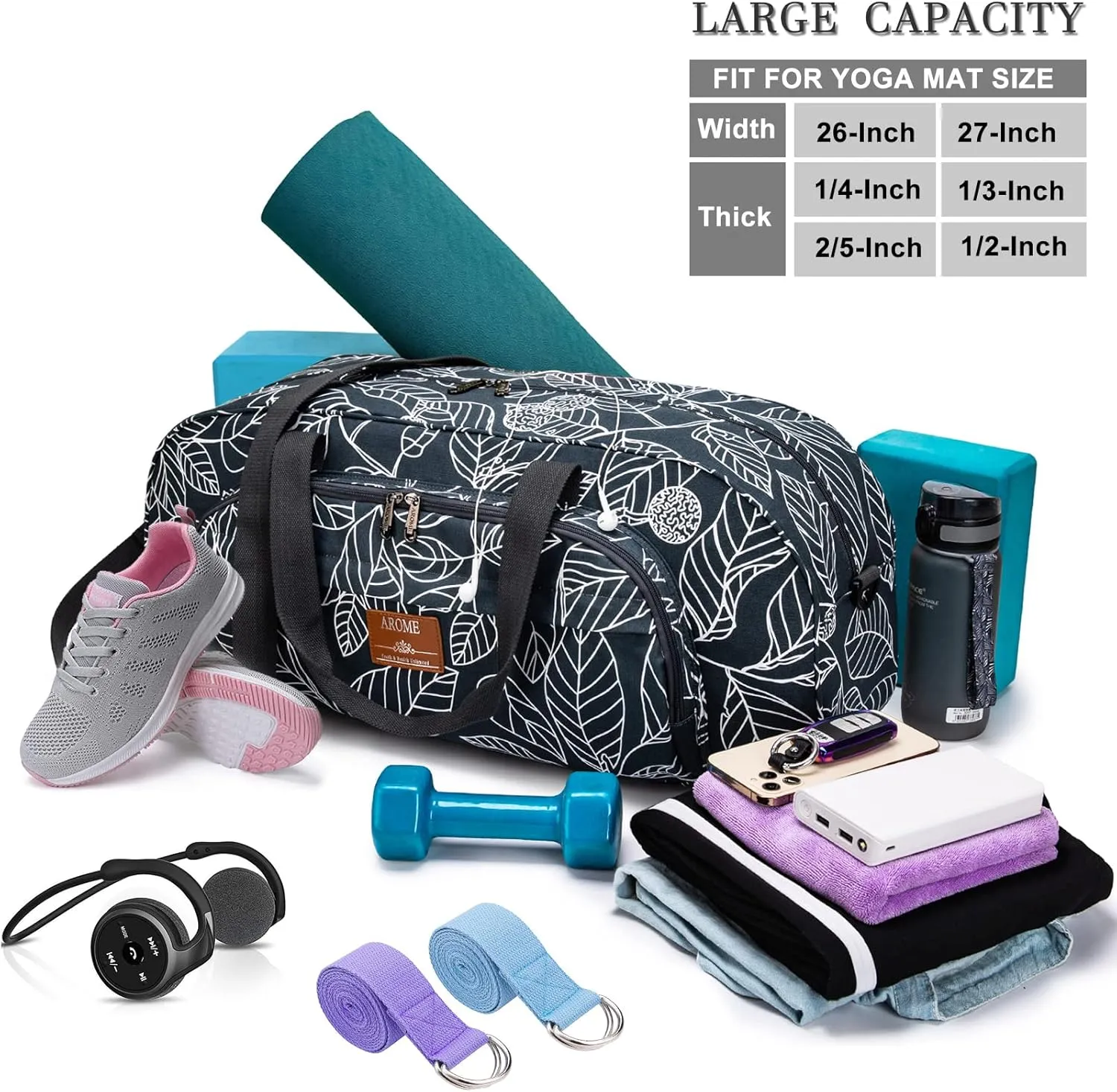 AROME Yoga Mat Bag for Women Men, Large Canvas Yoga Bag for 1/4" 1/3" 2/5" 1/2" Extra Thick Exercise Yoga Mat Gym Tote Sports Duffle Bag Carrying Bags with Wet Pocket & Shoulder Strap & Mat Strap