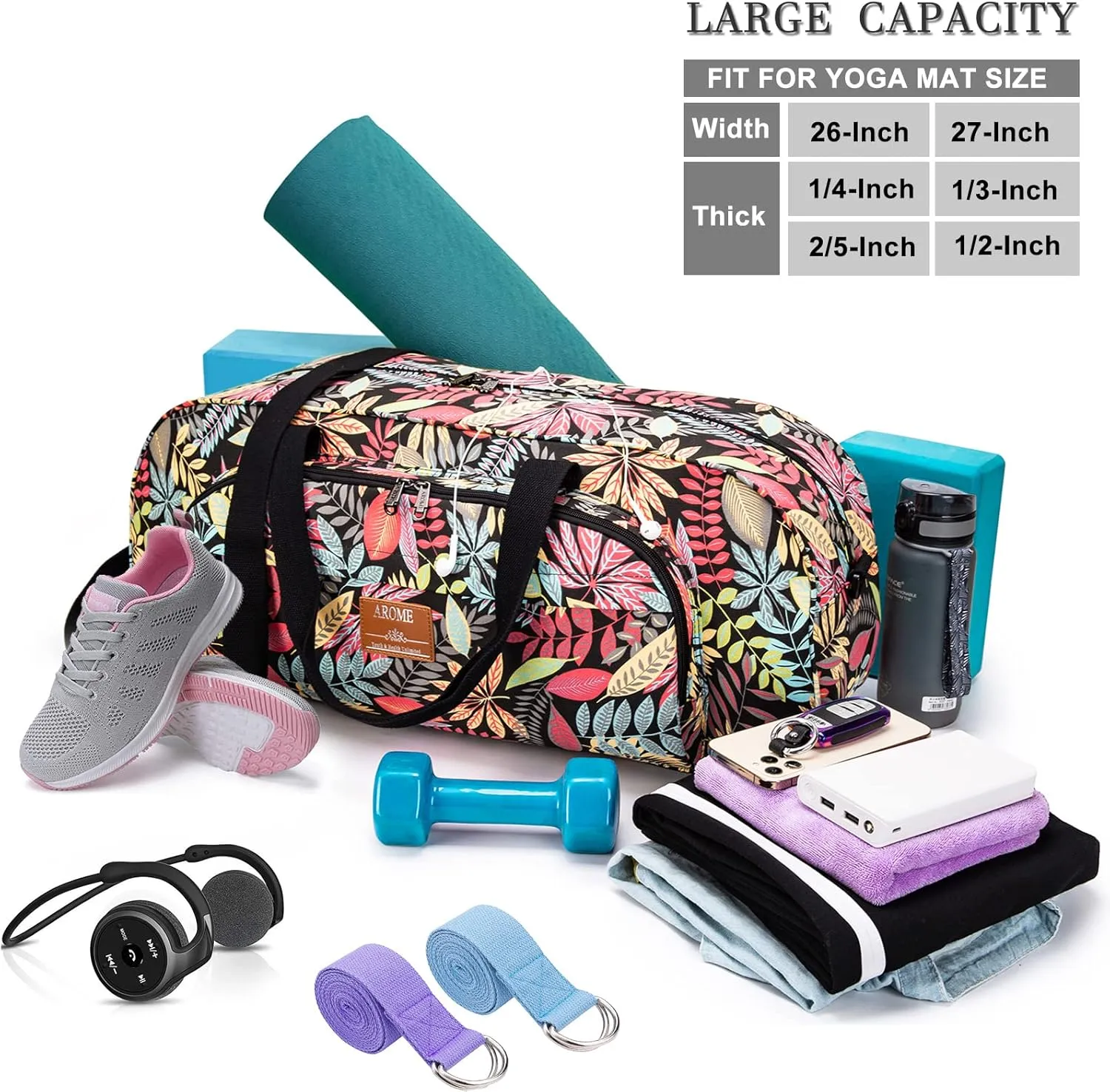 AROME Yoga Mat Bag for Women Men, Large Canvas Yoga Bag for 1/4" 1/3" 2/5" 1/2" Extra Thick Exercise Yoga Mat Gym Tote Sports Duffle Bag Carrying Bags with Wet Pocket & Shoulder Strap & Mat Strap
