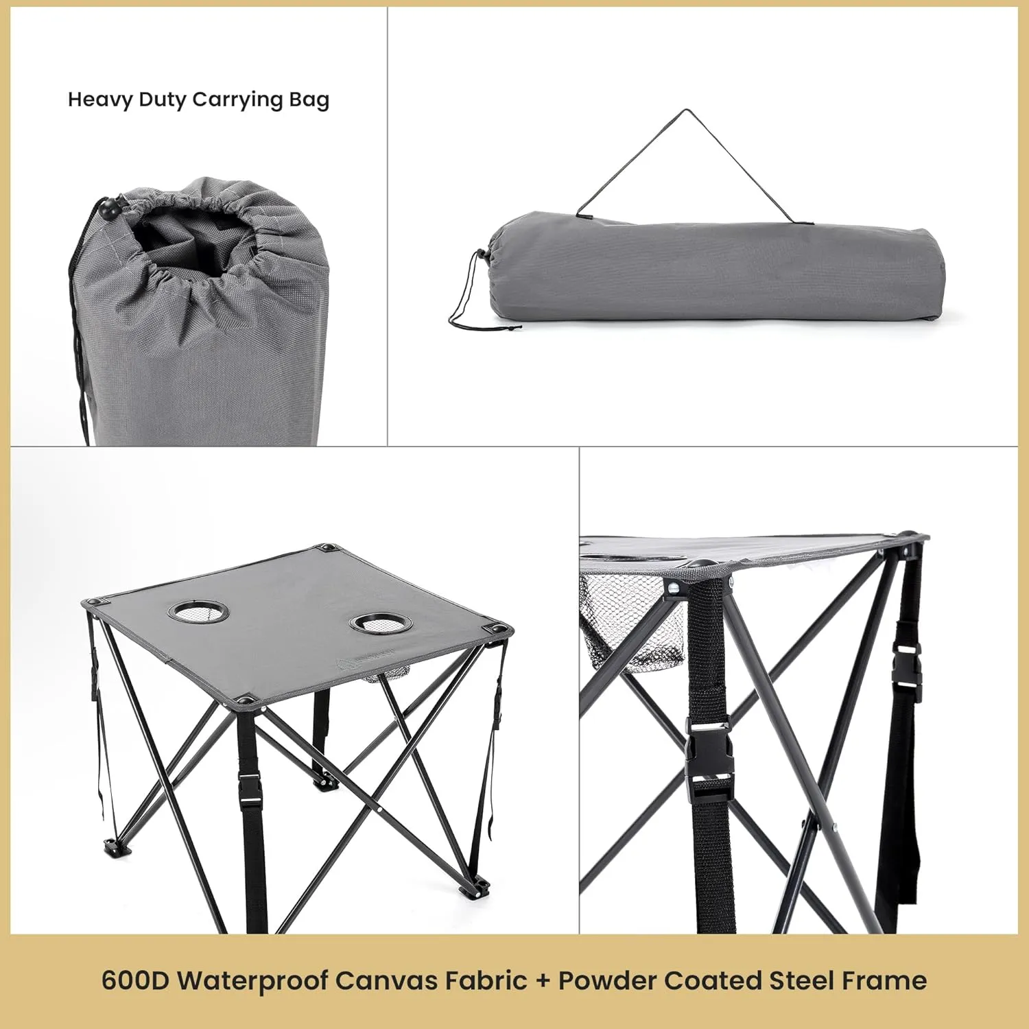 ARROWHEAD OUTDOOR 2-Pack 26” (66cm) Heavy-Duty Portable Camping Folding Table, 2 Cup Holders, Compact, Square, Carrying Case Included, Steel Frame, High-Grade 600D Canvas