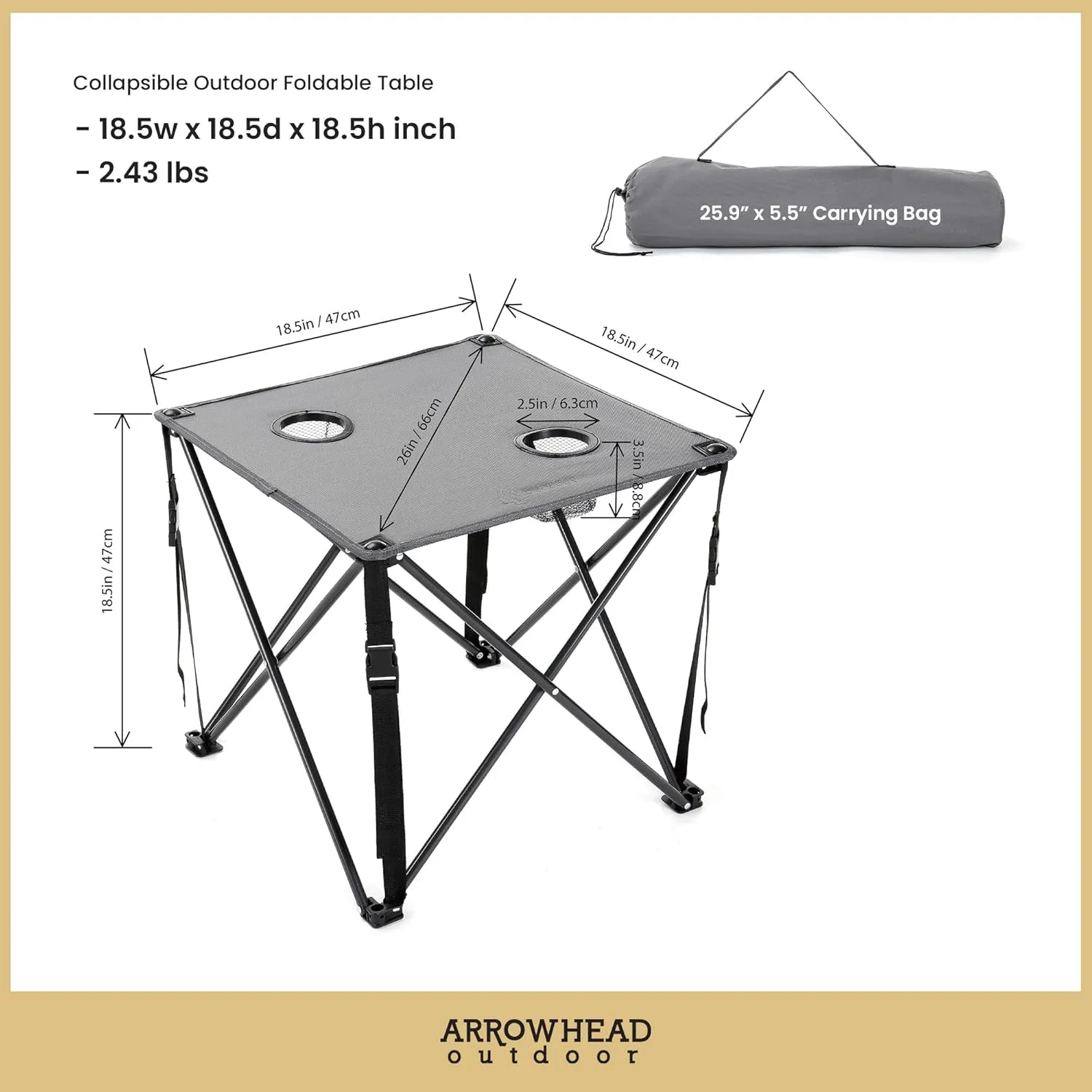 ARROWHEAD OUTDOOR 2-Pack 26” (66cm) Heavy-Duty Portable Camping Folding Table, 2 Cup Holders, Compact, Square, Carrying Case Included, Steel Frame, High-Grade 600D Canvas