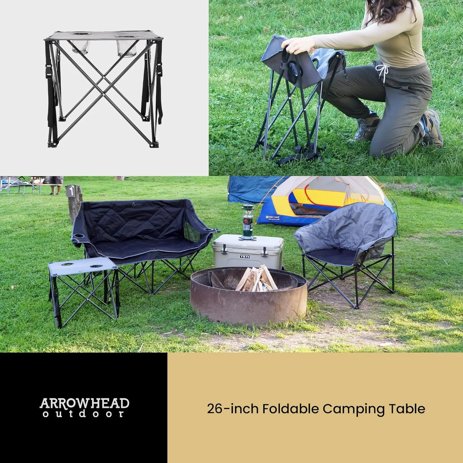 ARROWHEAD OUTDOOR 2-Pack 26” (66cm) Heavy-Duty Portable Camping Folding Table, 2 Cup Holders, Compact, Square, Carrying Case Included, Steel Frame, High-Grade 600D Canvas