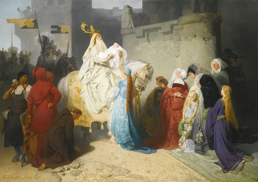 ArtDirect Emil Lauffer 18x14 Gallery Wrapped Canvas Museum Art Print Titled: Merlin Presenting the Future King Arthur (1873)