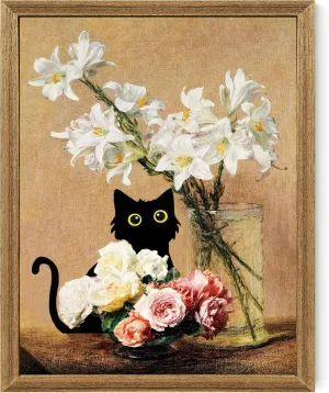 Artistry Canvas Art Framed Roses and Lilies Wall Art Black Cat in Famous Painting by Henri Fantin Latour Poster Vintage Floral Canvas Wall Decor Prints For Bedroom Living Room 8" x 10"