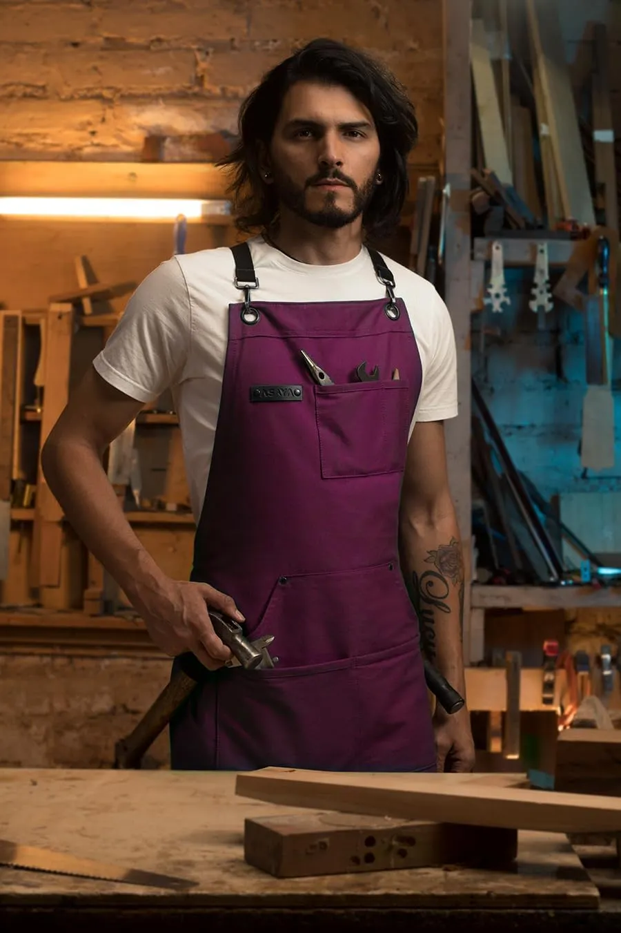 Asaya Chef and BBQ Apron with Bottle Opener and Hand Towel - 10oz Cotton Canvas, Stainless Steel Hardware - Cross Back Straps