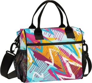 Aslsiy Lunch Bag for Women Abstract Chaotic Geometric Insulated Lunch Box Blue Yellow Lunch Tote Bag for Office Picnic M