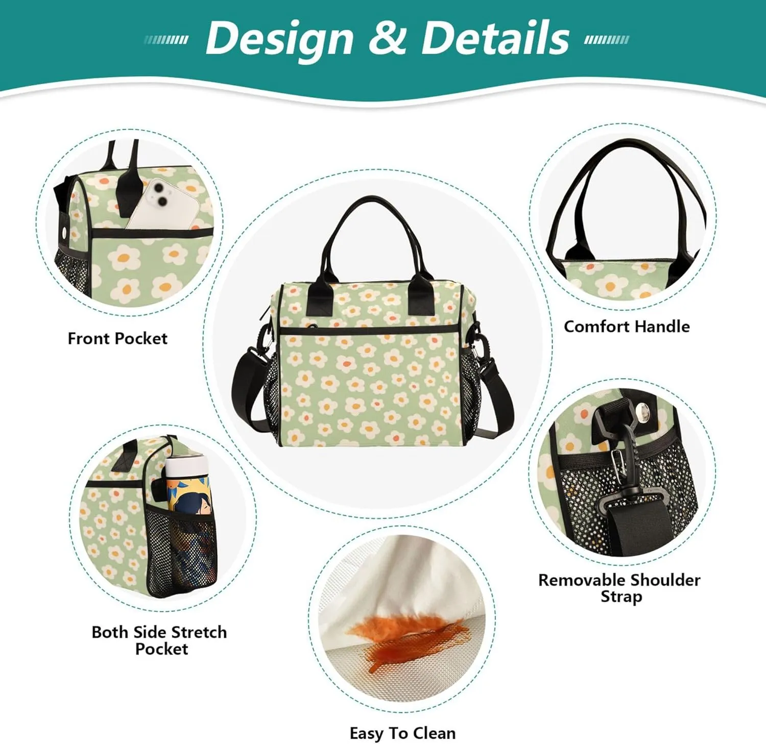 Aslsiy Lunch Bag for Women Cute Naive Flowers Insulated Lunch Box 70s Style Lunch Tote Bag for Office Picnic S