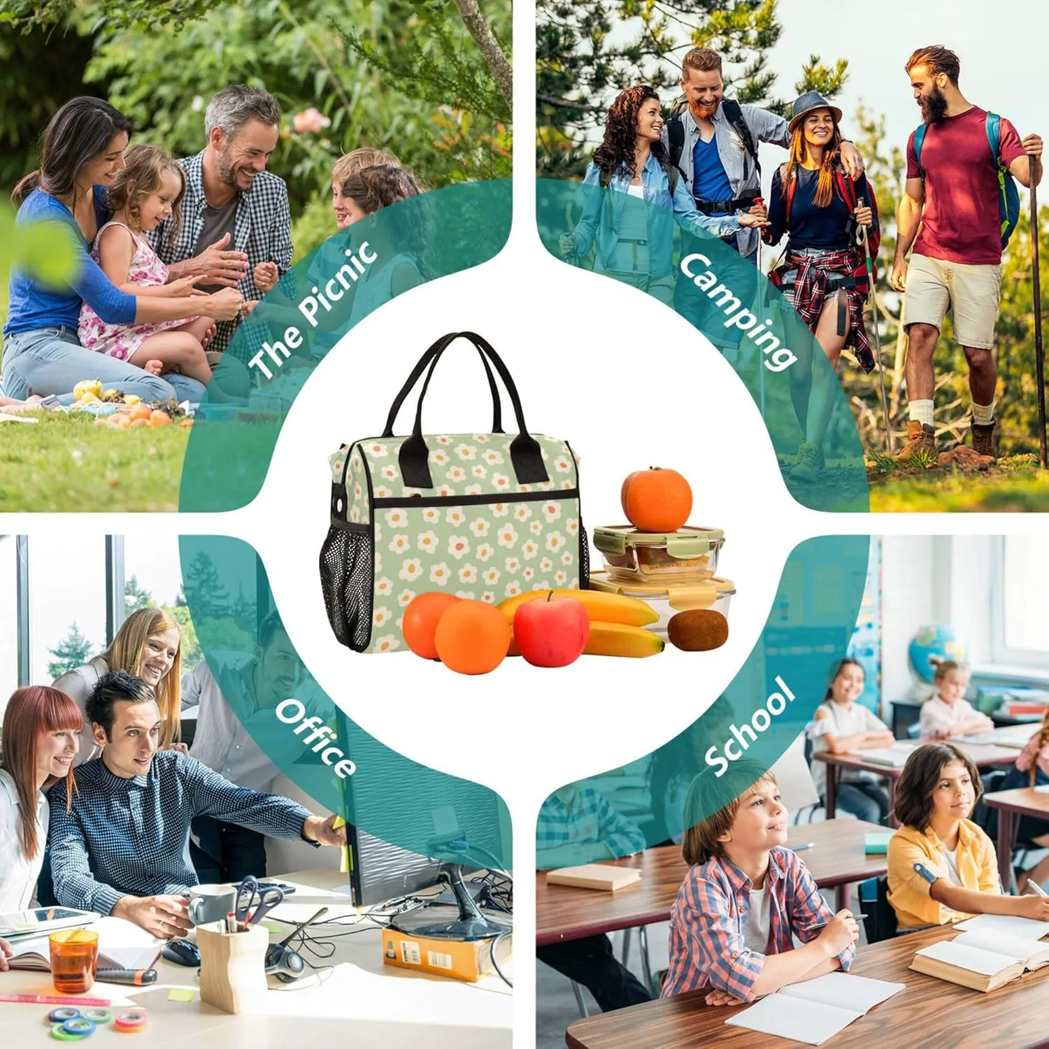 Aslsiy Lunch Bag for Women Cute Naive Flowers Insulated Lunch Box 70s Style Lunch Tote Bag for Office Picnic S