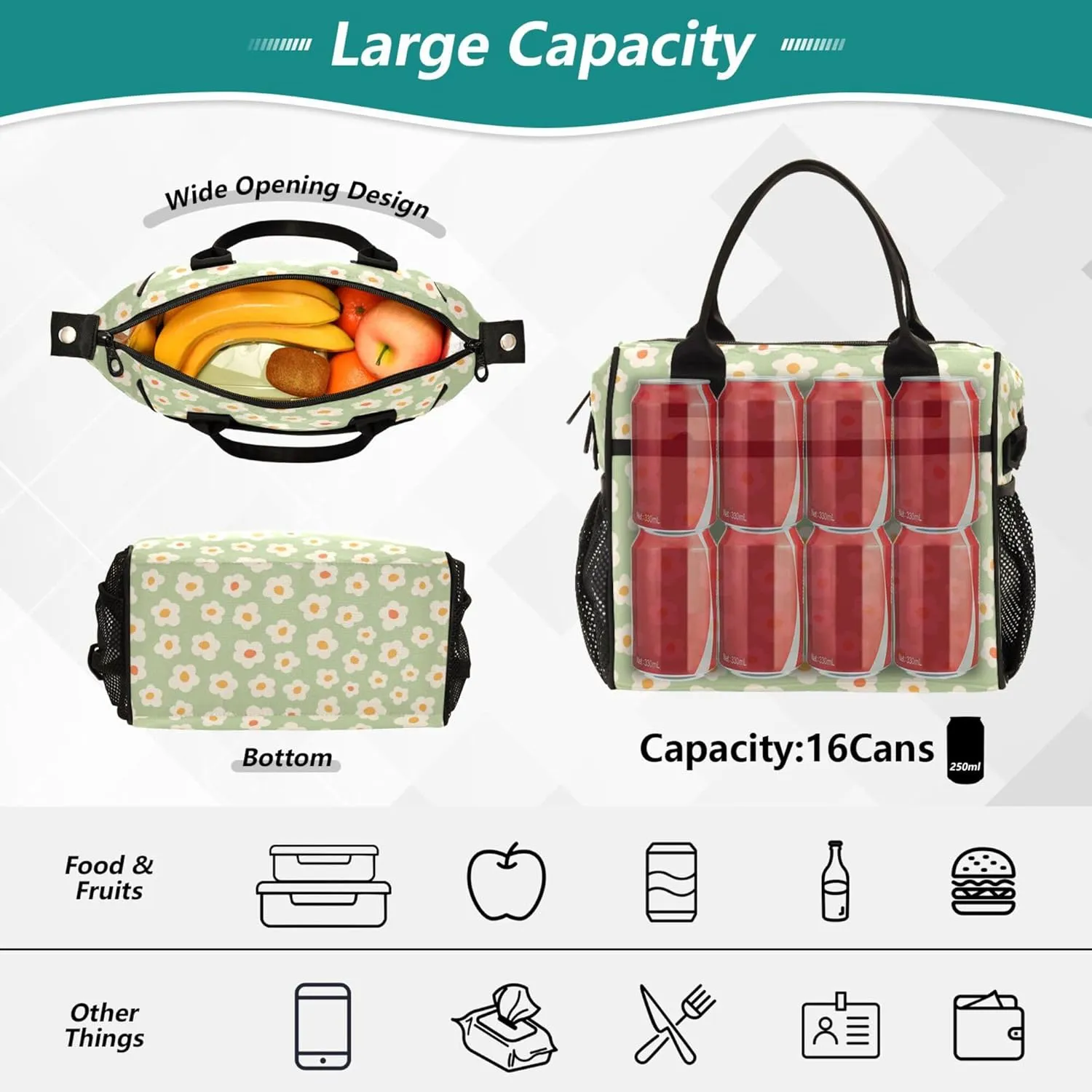 Aslsiy Lunch Bag for Women Cute Naive Flowers Insulated Lunch Box 70s Style Lunch Tote Bag for Office Picnic S