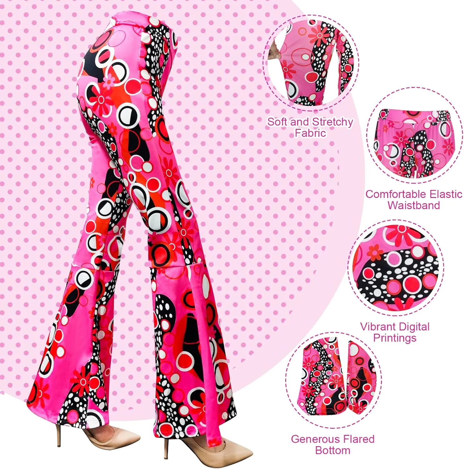 ATAMET 60s 70s Women Costumes Accessories Hippie Pants Bell Bottom Boho Pants Flared Pants Retro Trousers for 70s Theme Party