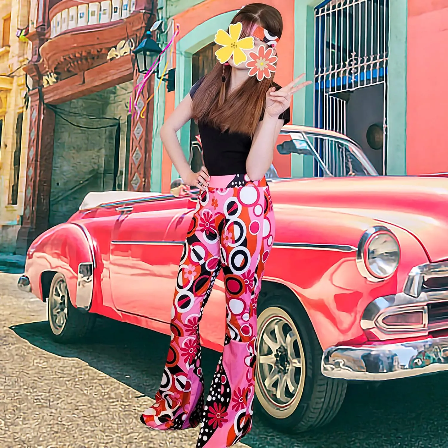 ATAMET 60s 70s Women Costumes Accessories Hippie Pants Bell Bottom Boho Pants Flared Pants Retro Trousers for 70s Theme Party