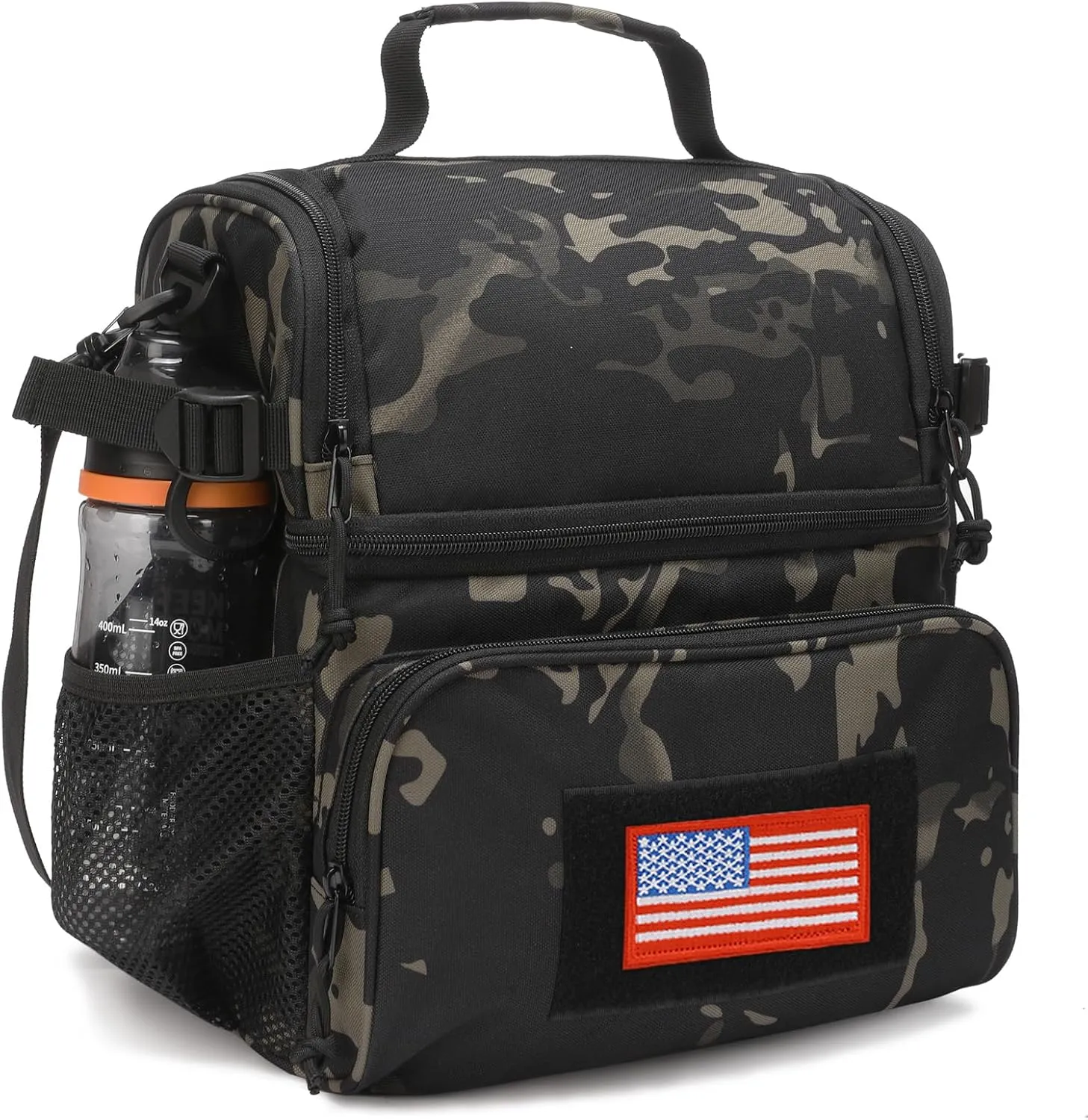 ATRIPACK 2 Compartment Lunch Bag for Men Adult, Tactical Lunch Box Leakproof Insulated Large Cooler Bag for Work with Adjustable Shoulder Strap Flag Double Layer Lunch Pail（Camo-Black）
