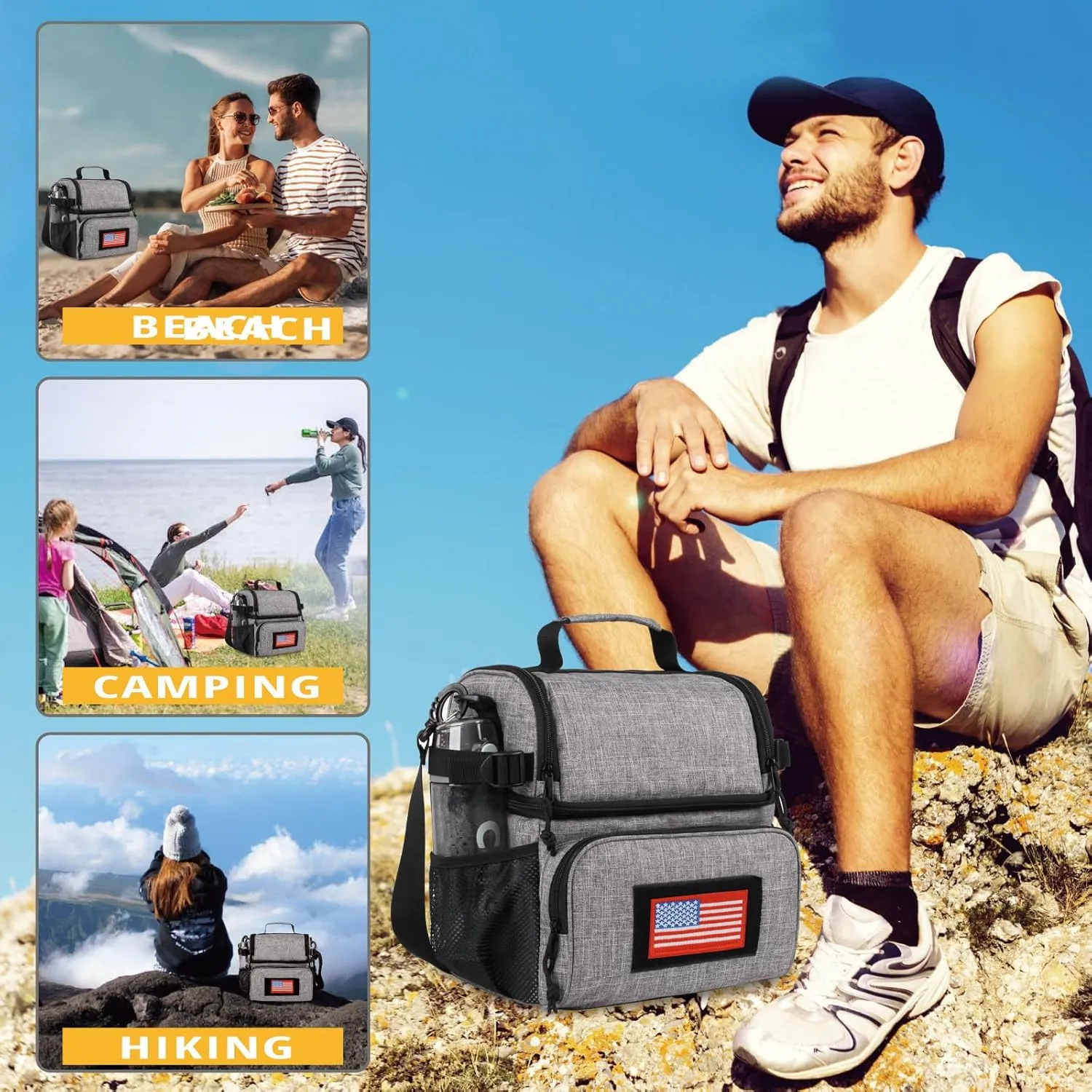 ATRIPACK 2 Compartment Lunch Bag for Men Adult, Tactical Lunch Box Leakproof Insulated Large Cooler Bag for Work with Adjustable Shoulder Strap Flag Double Layer Lunch Pail（Grey）