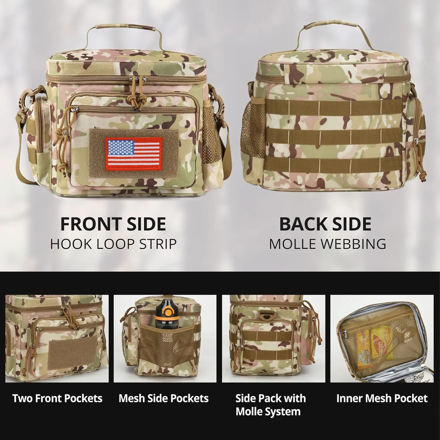 ATRIPACK Lunch Box for Men, Tactical Lunch Bag MOLLE Webbing Leakproof Insulated Large Lunch Cooler Women Adult Meal with Adjustable Shoulder Strap Durable Lunch Pail (Camo-Brown)