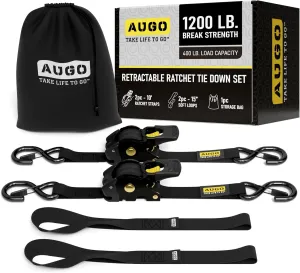 AUGO Retractable Ratchet Straps | 2 Heavy Duty Ratchet Straps Self Retractable Tie Downs with Soft Loops & Storage Bag for Motorcycle, Truck, Trailer, Cargo Van | 1200 Lb Break Strength 1” x 10’
