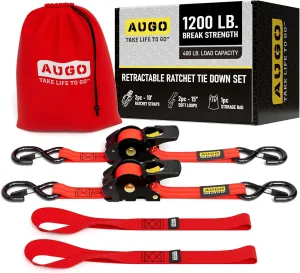AUGO Retractable Ratchet Straps | 2 Heavy Duty Ratchet Straps Self Retractable Tie Downs with Soft Loops & Storage Bag for Motorcycle, Truck, Trailer, Cargo Van | 1200 Lb Break Strength 1” x 10’