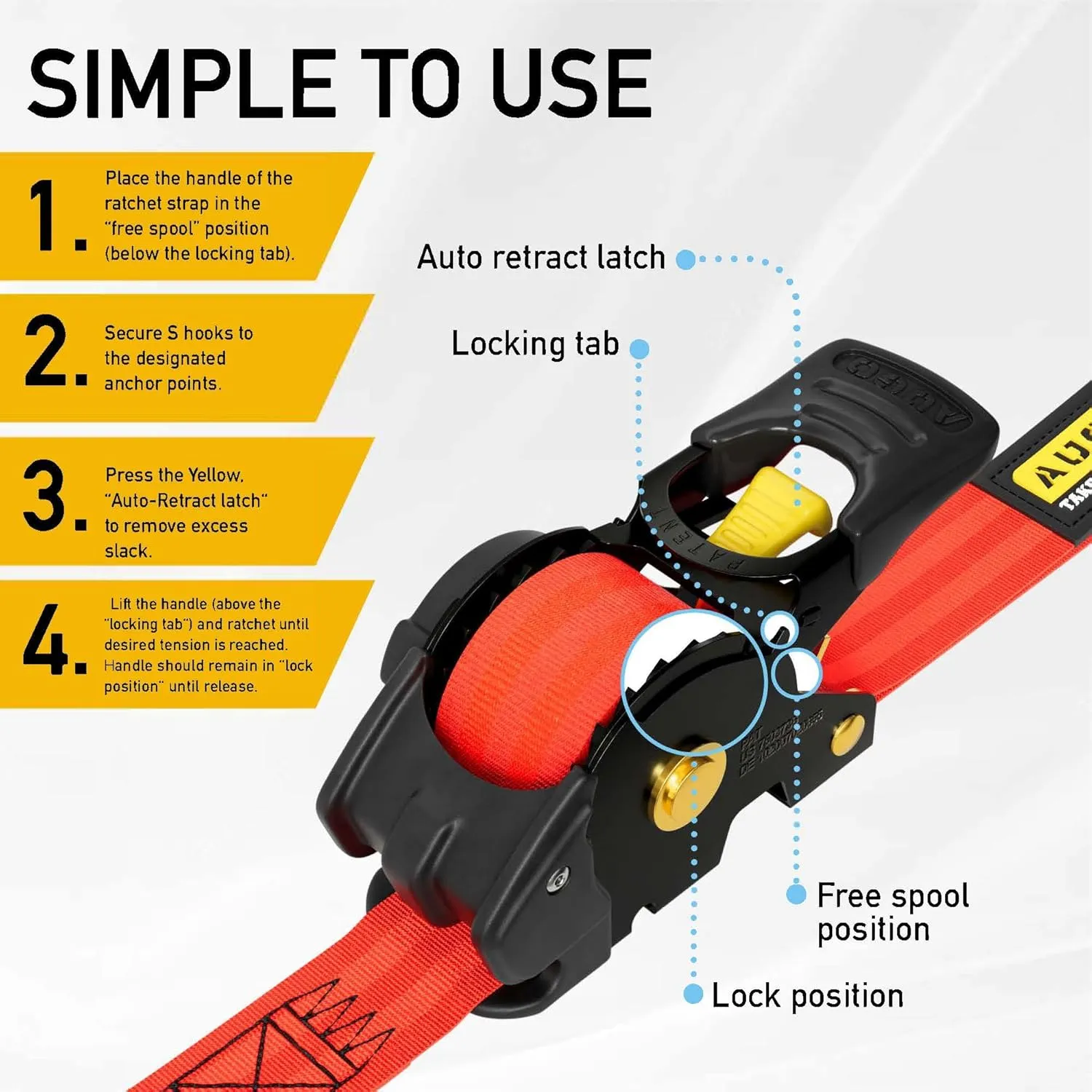 AUGO Retractable Ratchet Straps | 2 Heavy Duty Ratchet Straps Self Retractable Tie Downs with Soft Loops & Storage Bag for Motorcycle, Truck, Trailer, Cargo Van | 1200 Lb Break Strength 1” x 10’