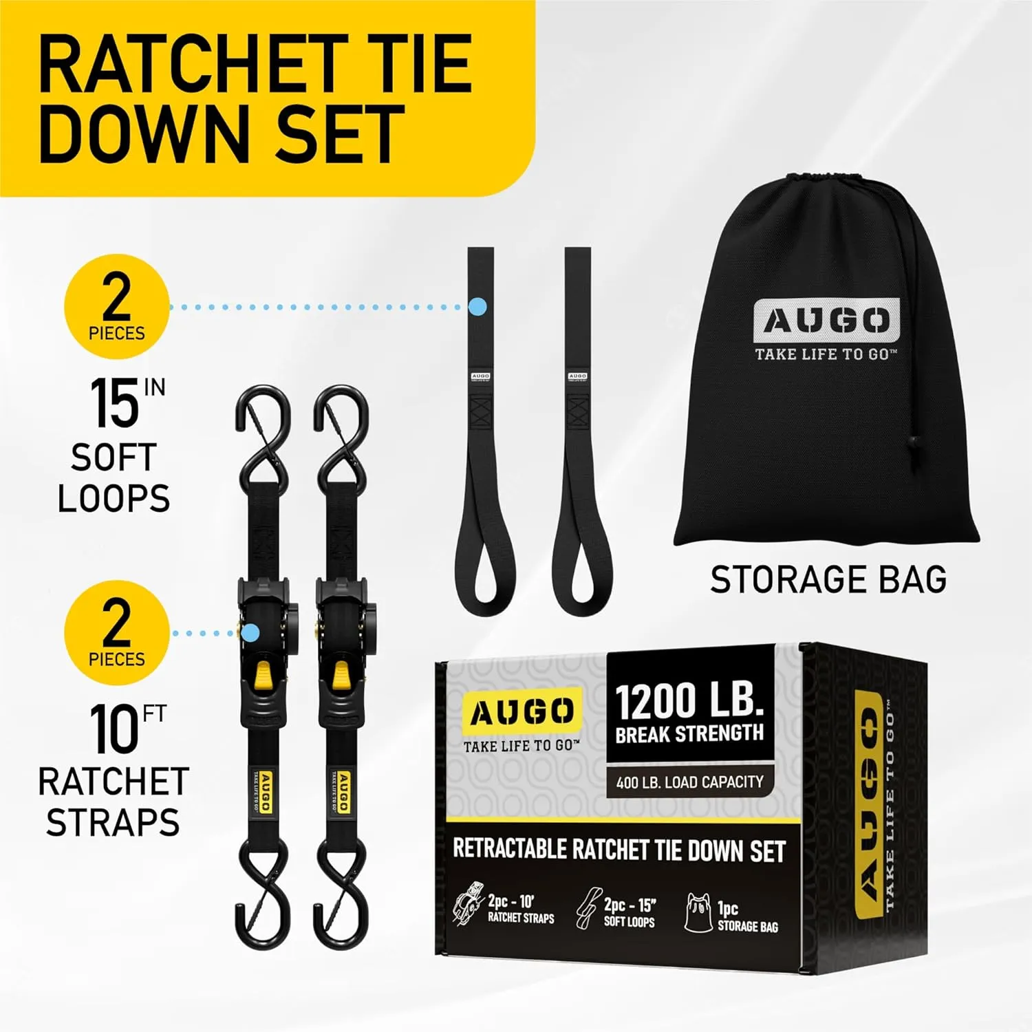 AUGO Retractable Ratchet Straps | 2 Heavy Duty Ratchet Straps Self Retractable Tie Downs with Soft Loops & Storage Bag for Motorcycle, Truck, Trailer, Cargo Van | 1200 Lb Break Strength 1” x 10’