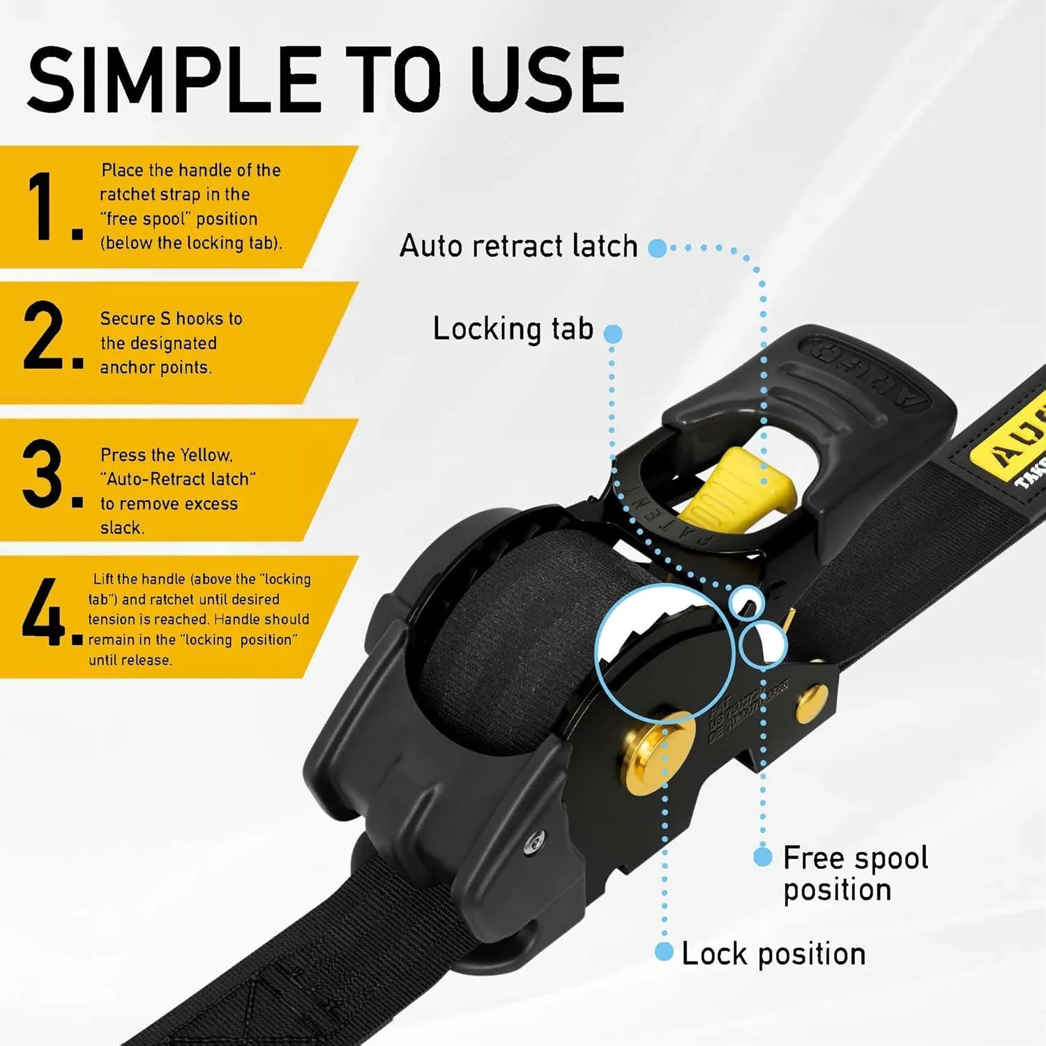 AUGO Retractable Ratchet Straps | 2 Heavy Duty Ratchet Straps Self Retractable Tie Downs with Soft Loops & Storage Bag for Motorcycle, Truck, Trailer, Cargo Van | 1200 Lb Break Strength 1” x 10’