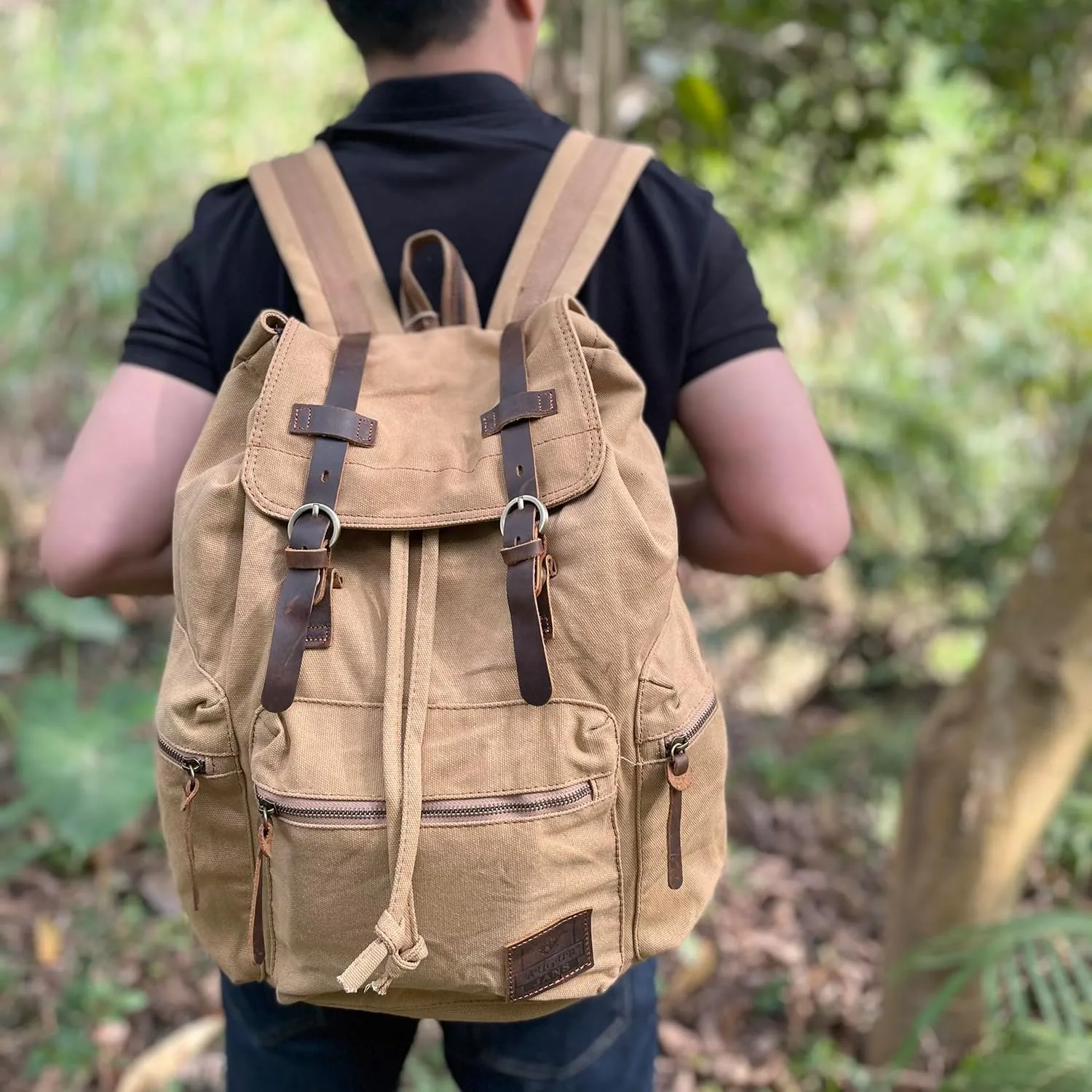 AUGUR High Capacity Canvas Vintage Backpack - for Hiking Travel 12-15.6" Laptop Backapcks for Men Casual Daypacks Rucksack(L-Khaki)