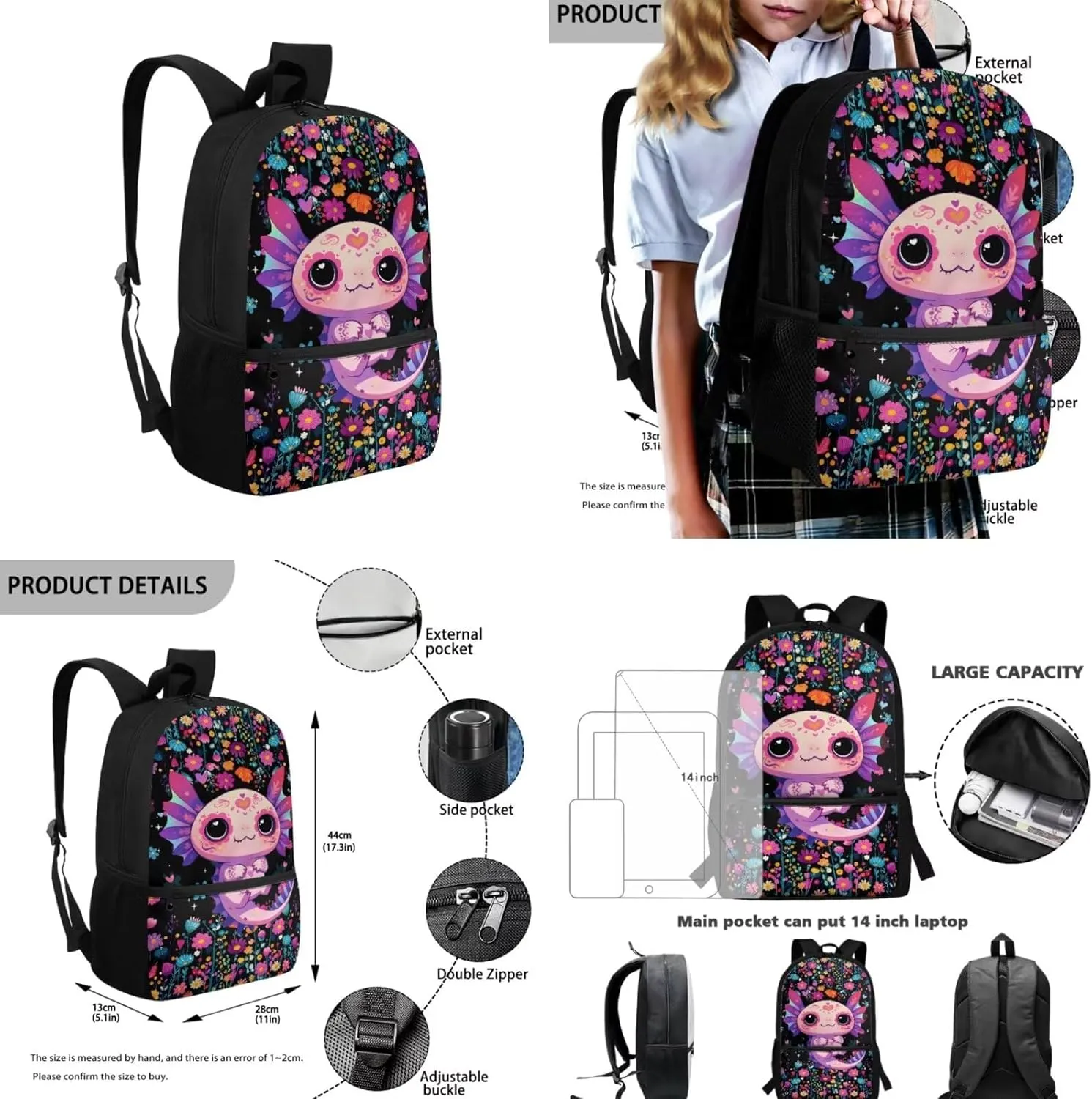 Axolotl Backpack for Kids 8-12 Primary School Bookbag with Lunch Box & Pencil Case Lightweight School Back Pack with Adjustable Straps 3 in 1 Set for 1-6th Grade Students Girls