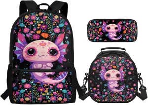 Axolotl Backpack for Kids 8-12 Primary School Bookbag with Lunch Box & Pencil Case Lightweight School Back Pack with Adjustable Straps 3 in 1 Set for 1-6th Grade Students Girls