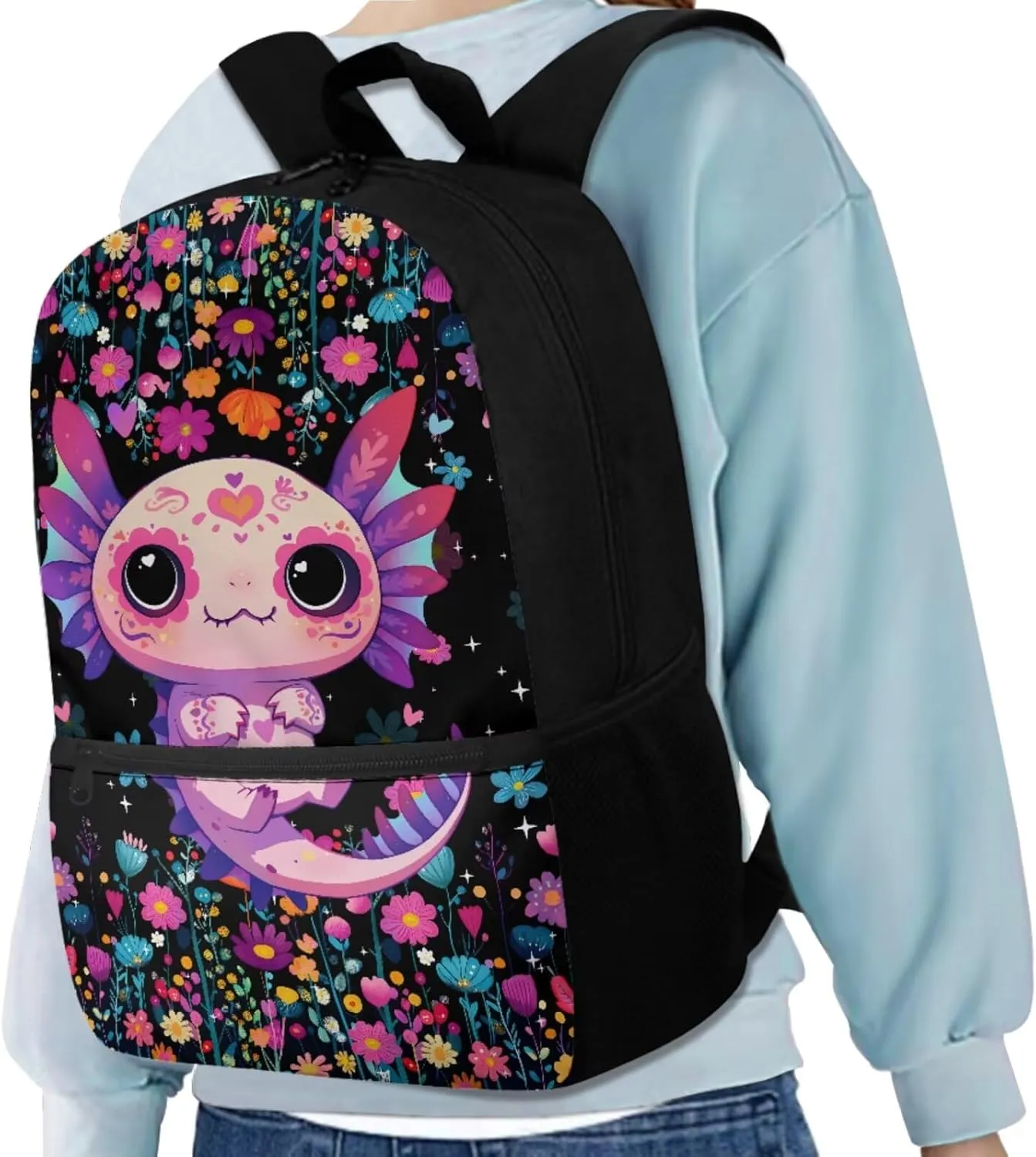 Axolotl Backpack for Kids 8-12 Primary School Bookbag with Lunch Box & Pencil Case Lightweight School Back Pack with Adjustable Straps 3 in 1 Set for 1-6th Grade Students Girls