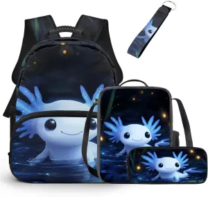 Axolotl Backpack Purse Pond Design Girls Bookbag Ages 6-8 with Lunch Box Kawaii Little Girls School Bag for Traveling Lightweight Insulated Lunch Bag 4 in 1