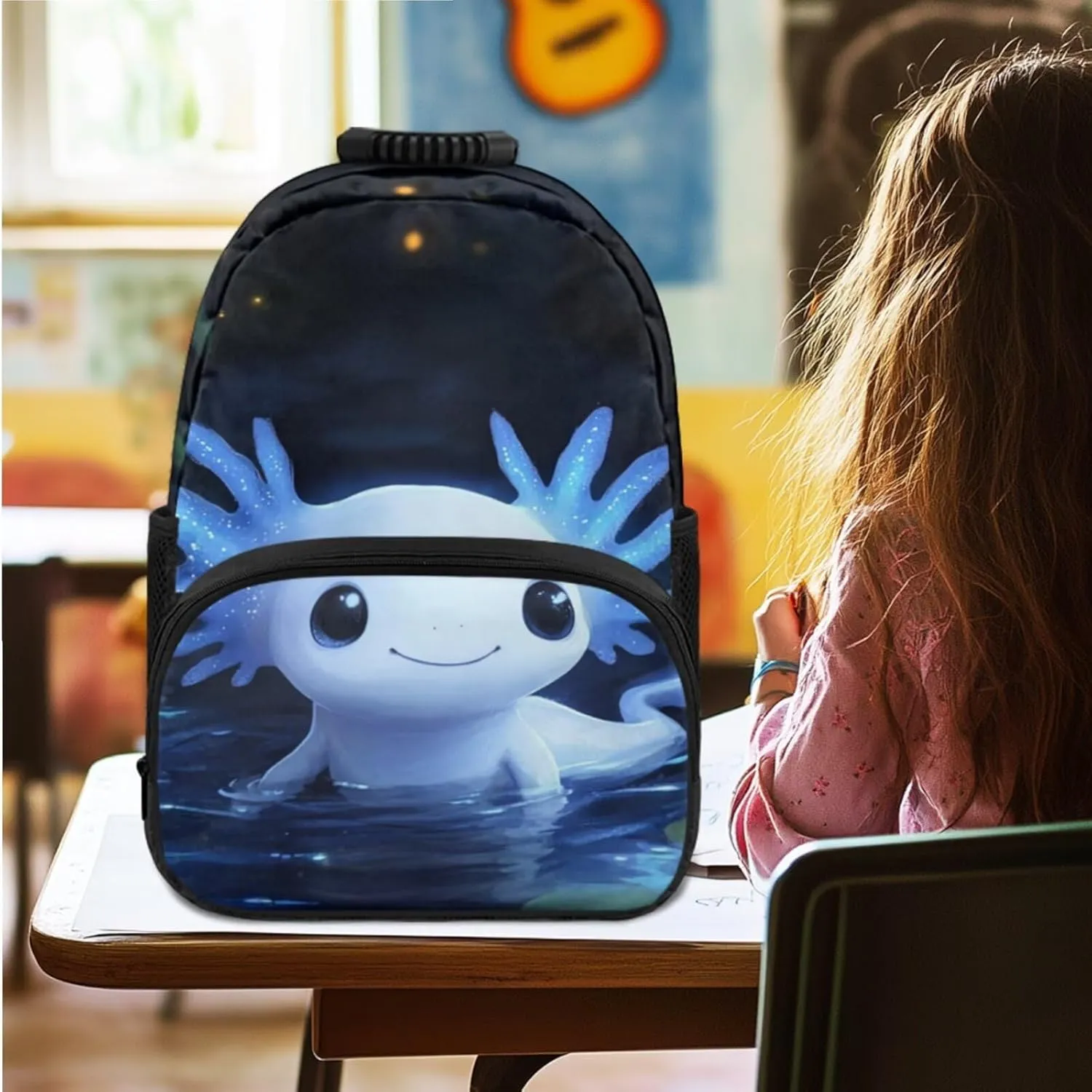 Axolotl Backpack Purse Pond Design Girls Bookbag Ages 6-8 with Lunch Box Kawaii Little Girls School Bag for Traveling Lightweight Insulated Lunch Bag 4 in 1