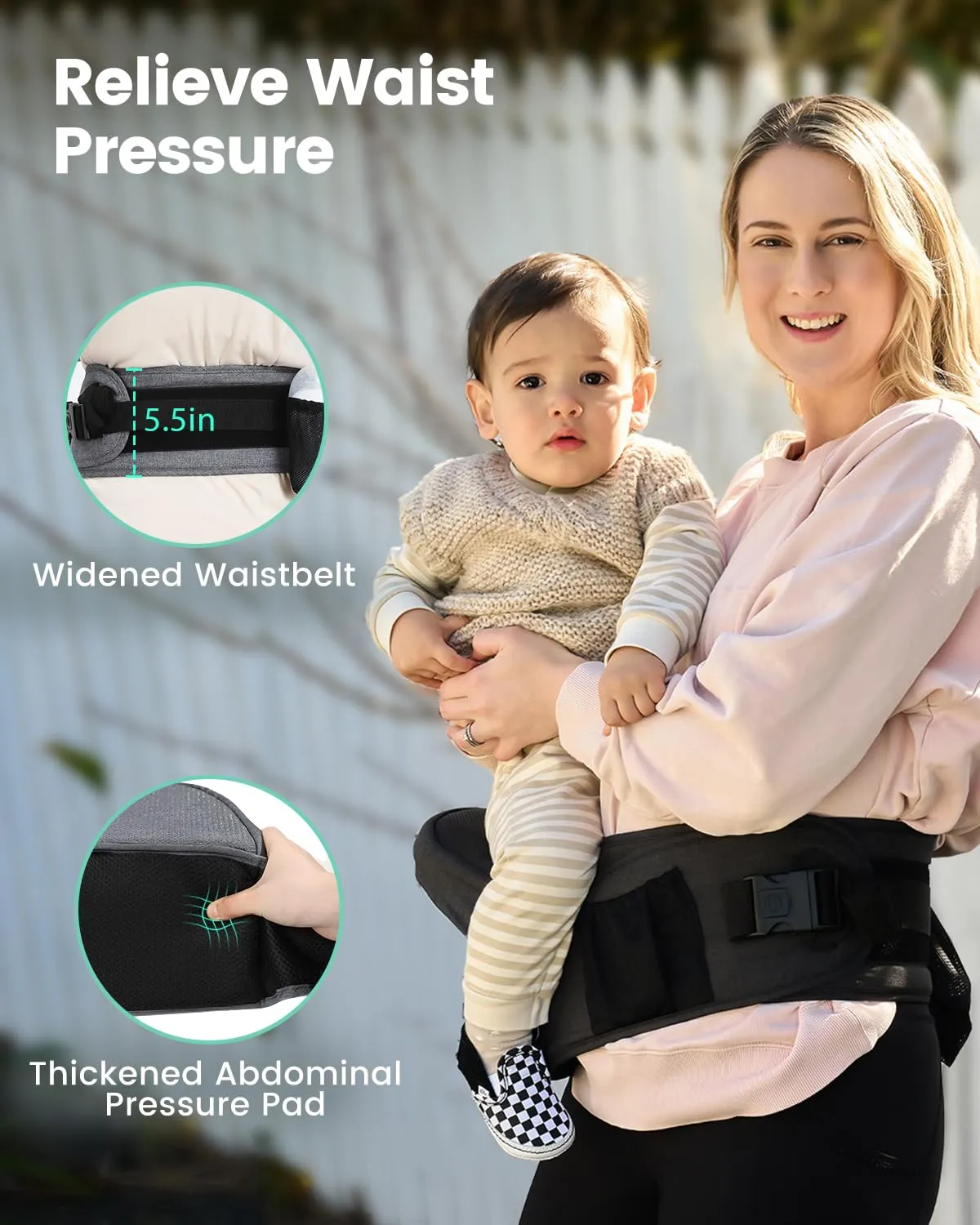 Baby Hip Seat Carrier, GROWNSY Baby Carrier with Multiple Pockets, Adjustable Extended Waistband for Newborns & Toddlers up to 50 lbs, Black