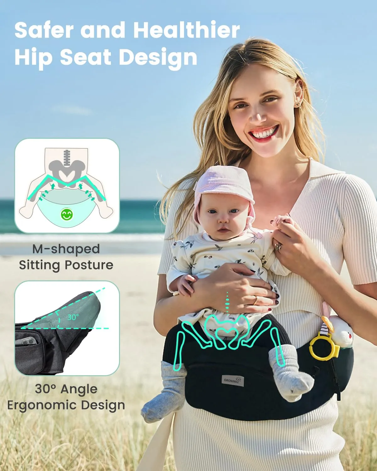 Baby Hip Seat Carrier, GROWNSY Baby Carrier with Multiple Pockets, Adjustable Extended Waistband for Newborns & Toddlers up to 50 lbs, Black