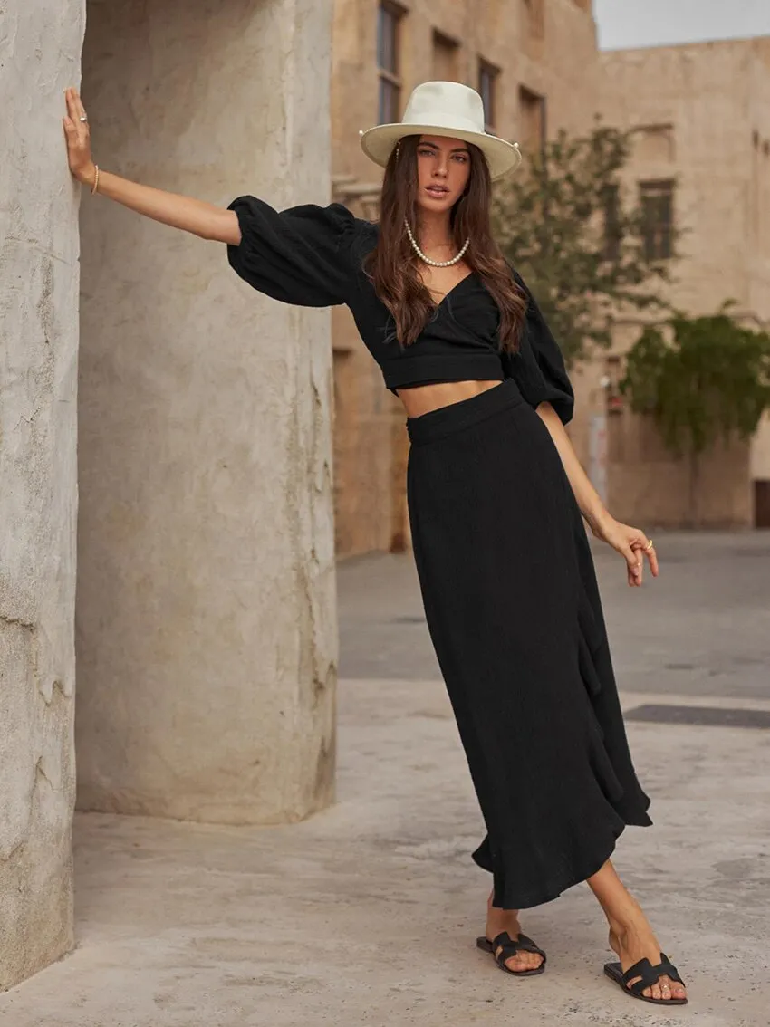 Back to School Black Crop Top Dress For Women Summer 100% Cotton V Neck Puff Sleeve Lace Up Cutout Dress High Waist Ruffle Slit One Piece Dress